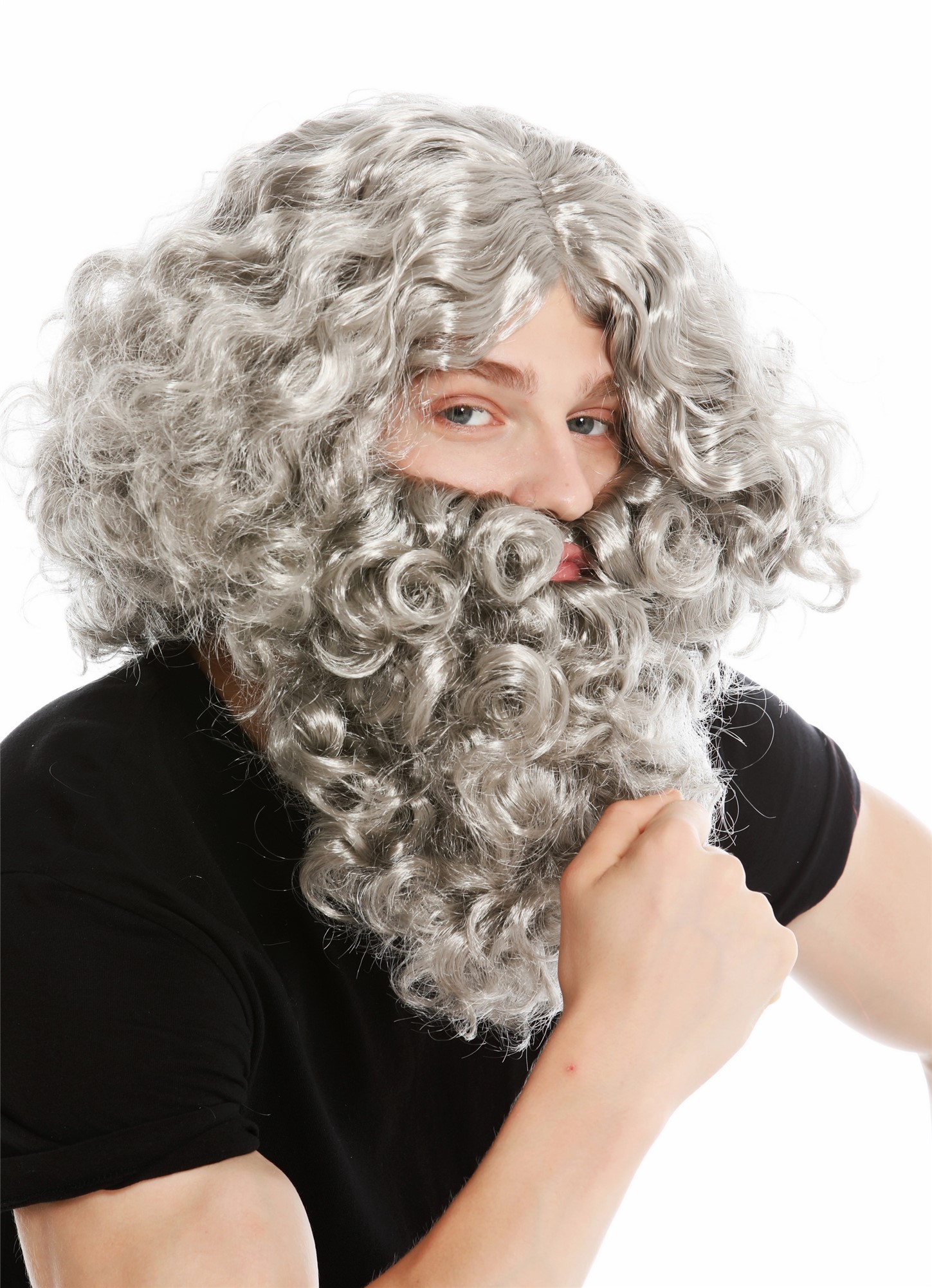 Wig Beard set grey gray hermit wild prophet Moses Noah wizard magician 8115-A+B, front view, WIG ME UP: Your Perücken Online Shop Party Wig, Men, silver gray, curled, long