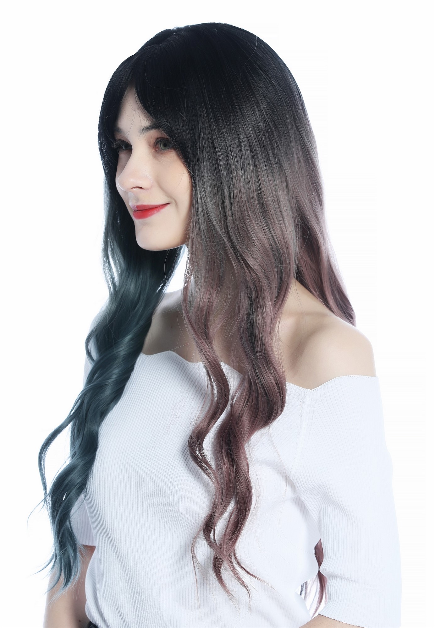 hochwertige Qualitätsperücken, Perücke lang asymmetrische Ombre Farbe Schwarz Graublau Altrosa C8259-612-422, Ansicht 6, WIG ME UP: Ihr Perücken Online Shop wellige Tressen-Perücke mit Kopfhaut-Imitat Schwarz Verlauf in Graublau rechts und Altrosa links lange Haare für Damen