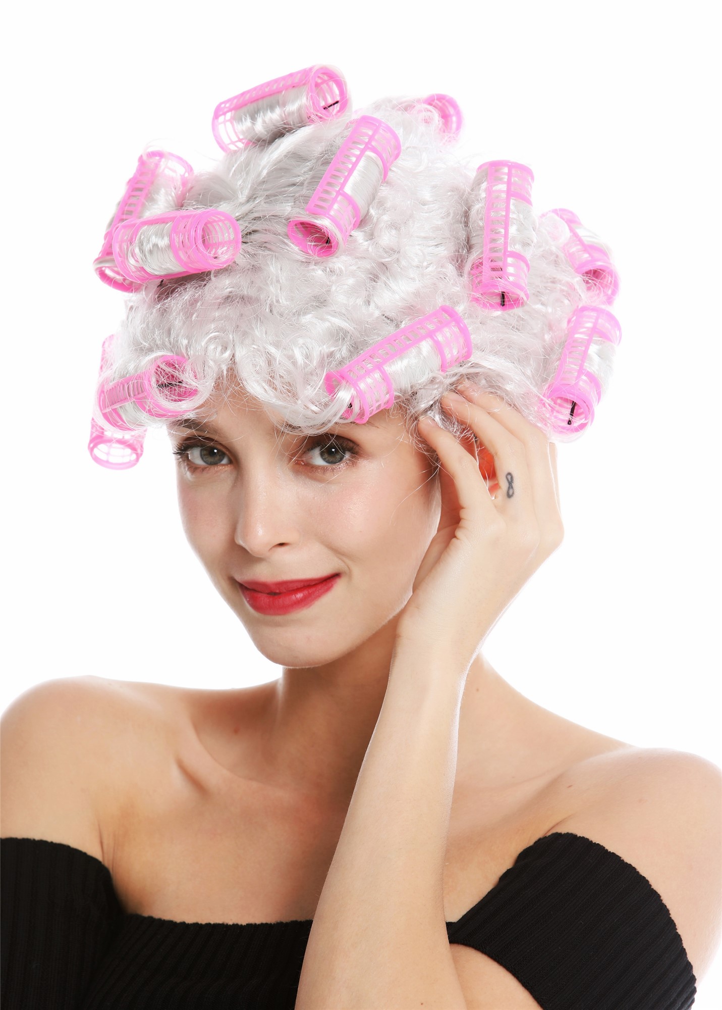 Women's party wig housewife hair rollers grey white grey light grey trashy 4204, front view, WIG ME UP: Your Perücken Online Shop Party Wig, Ladies, light gray, curled, short