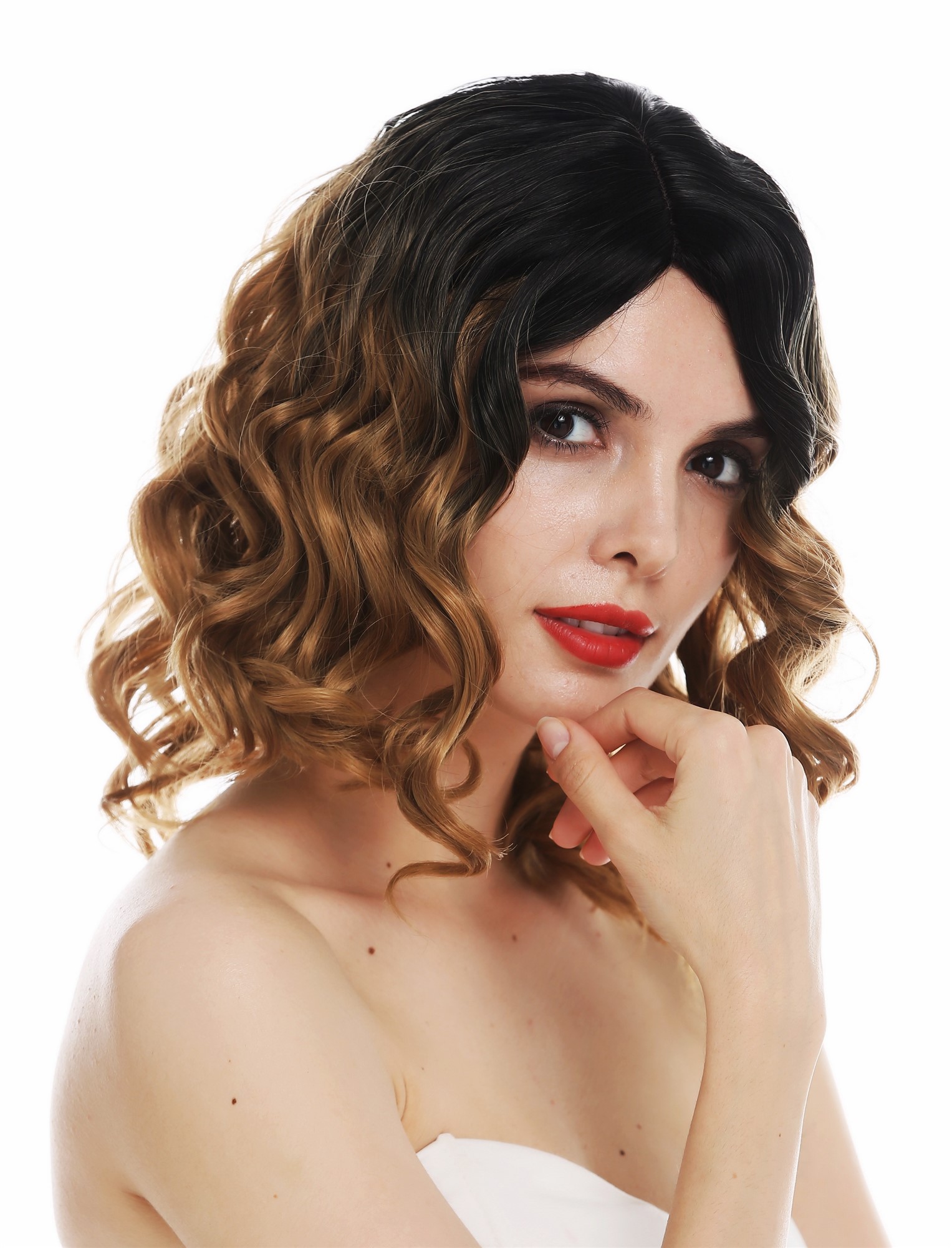 hochwertige Qualitätsperücken, Perücke schulterlang gewellt Scheitel Ombre Balayage Schwarz-Blond-Braun-Mix MS9026-R2/27/30, Ansicht 5, WIG ME UP: Ihr Perücken Online Shop lockige Tressen-Perücke mit Kopfhaut-Imitat Schwarz-Blond-Braun-Mix kurze Haare für Damen