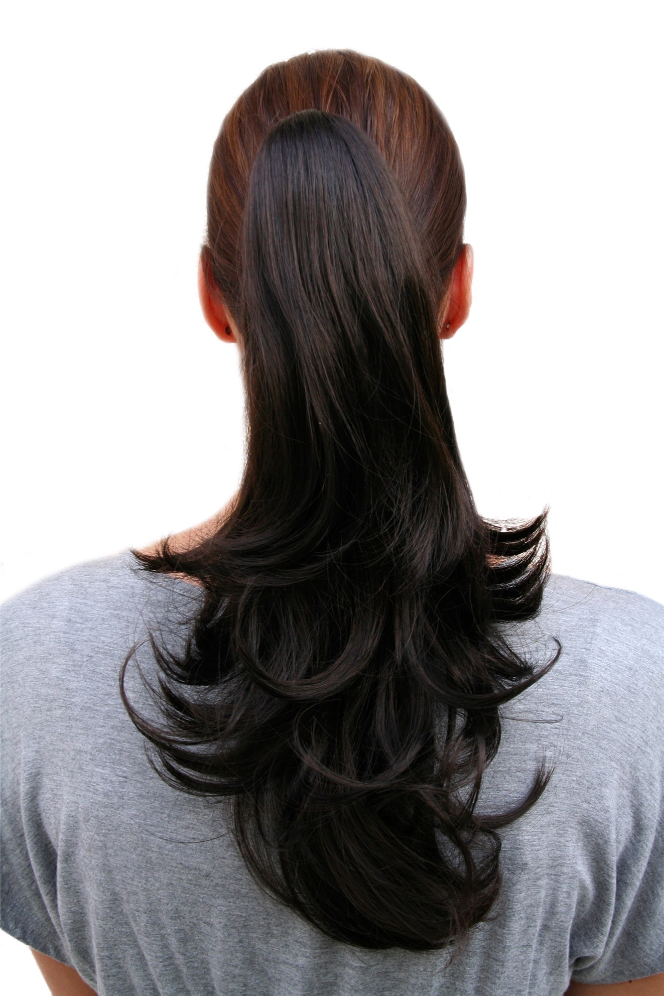 Hairpiece PONYTAIL medium length straight DARK BROWN (T400 Colour 3) Extension, front view, WIG ME UP: Your Perücken Online Shop Ponytails, dark brown, wavy, shoulder-length