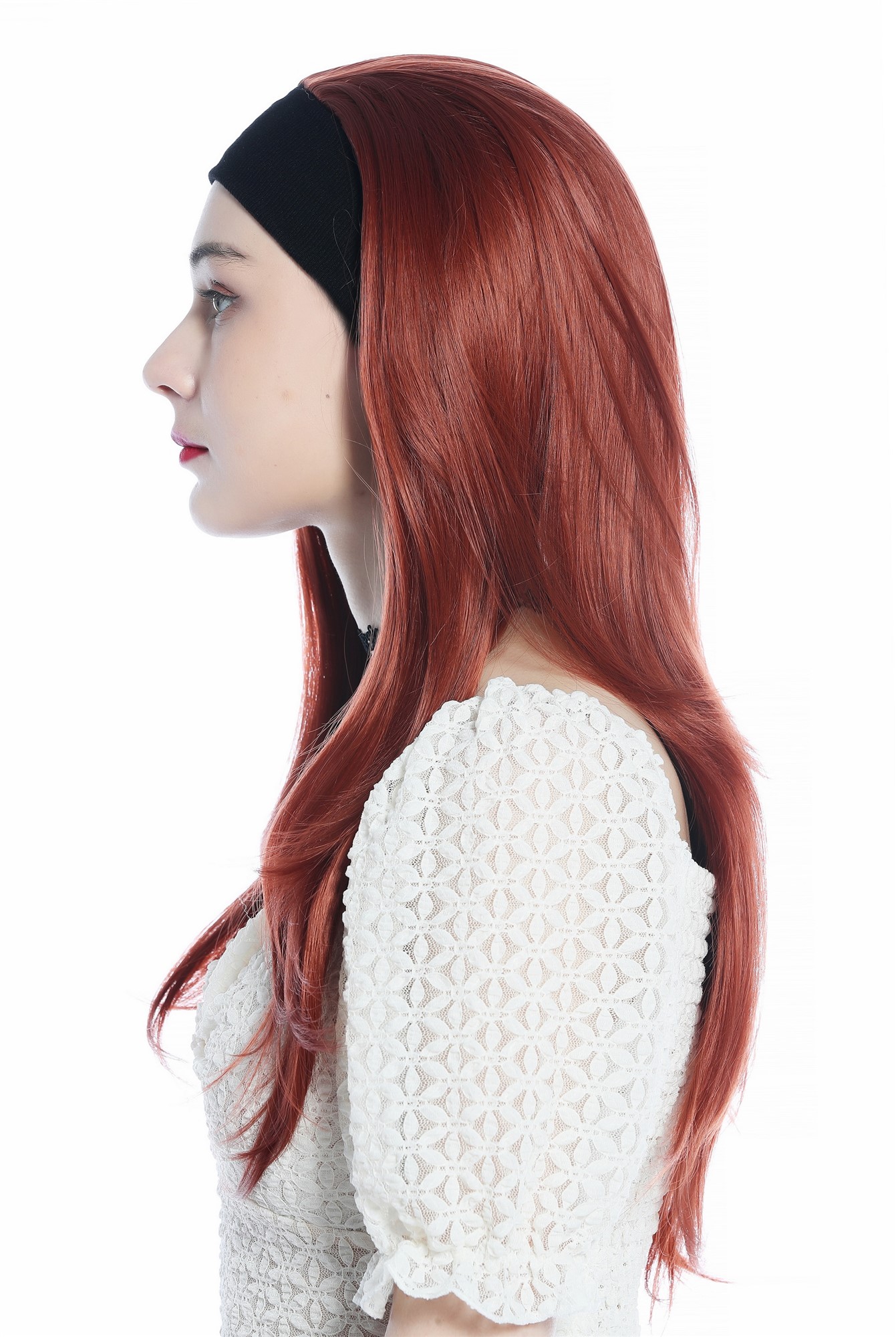 hochwertige Qualitätsperücken, Perücke Halbperücke Stirnband lang glatt dunkles Rot Kupferrot H9306-350, Ansicht 4, WIG ME UP: Ihr Perücken Online Shop glatte Tressen-Perücke mit Stirnband Kupferrot lange Haare für Damen