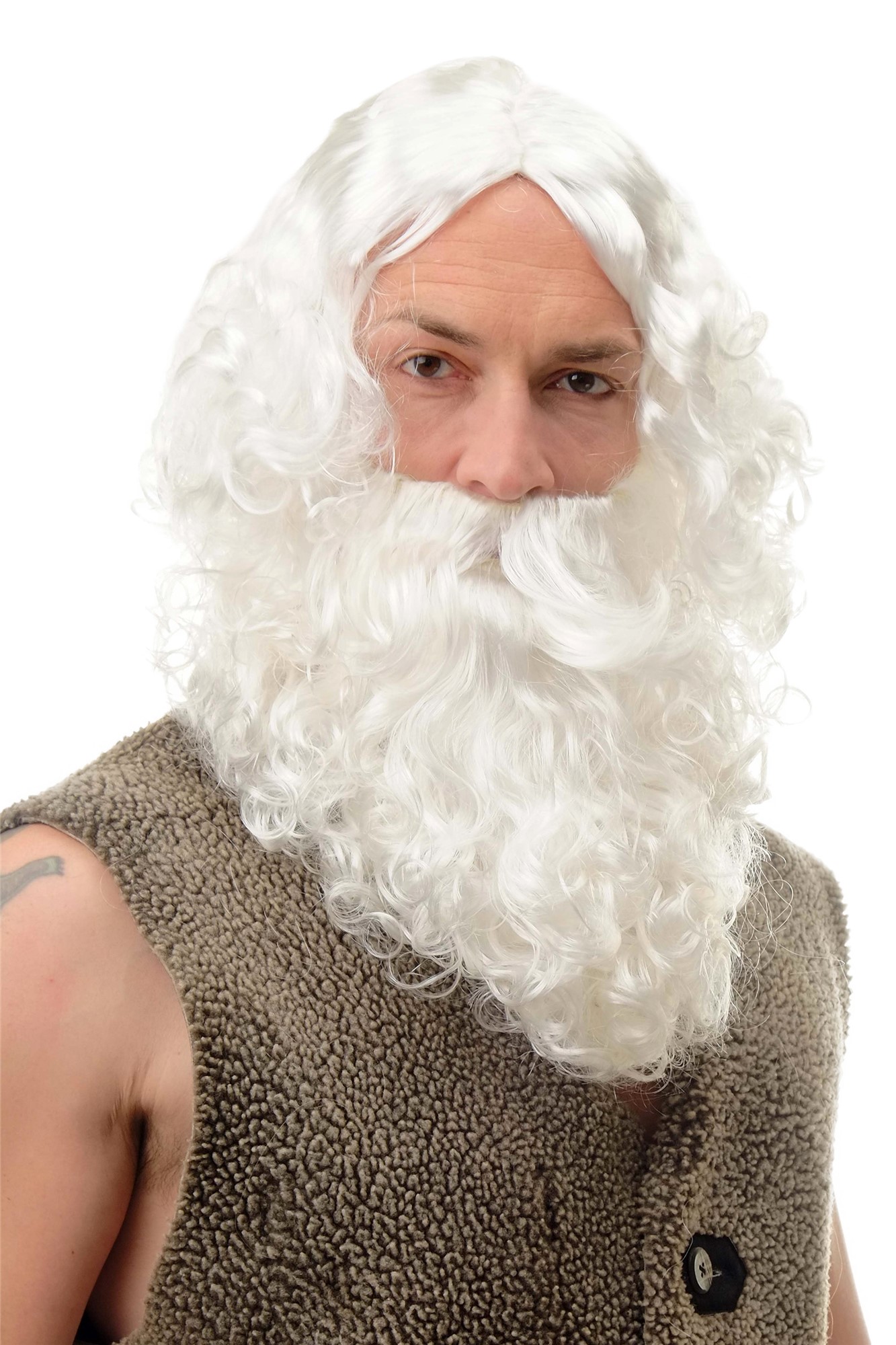 Wig & Beard set white Santa Claus greek philosopher God Zeus Prophet 6095A+B, front view, WIG ME UP: Your Perücken Online Shop Party Wig, Unisex, White, curled, shoulder-length