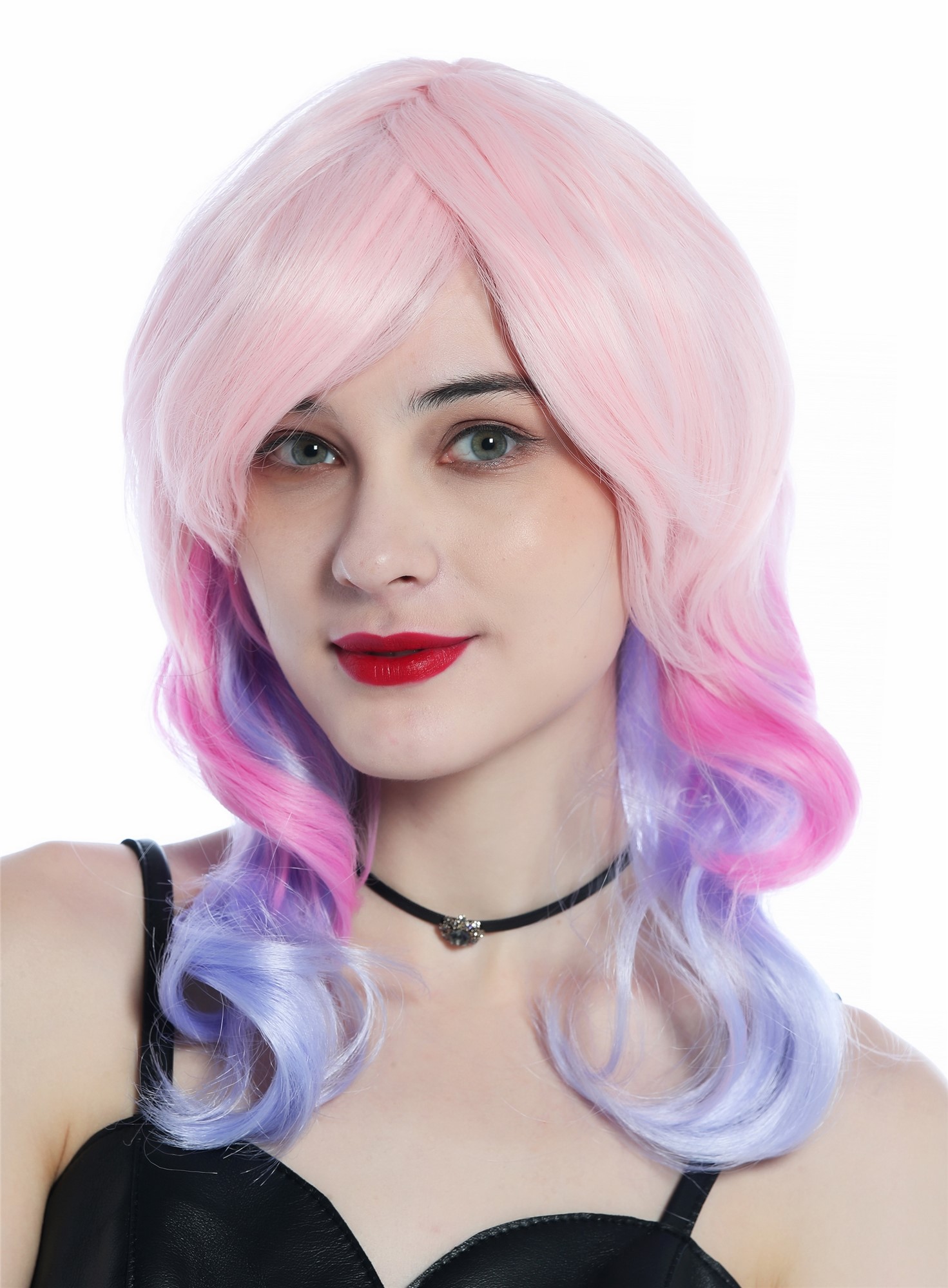 Party Wig, Ladies, Top of the head light pink hatline pink neck light purple, wavy, long