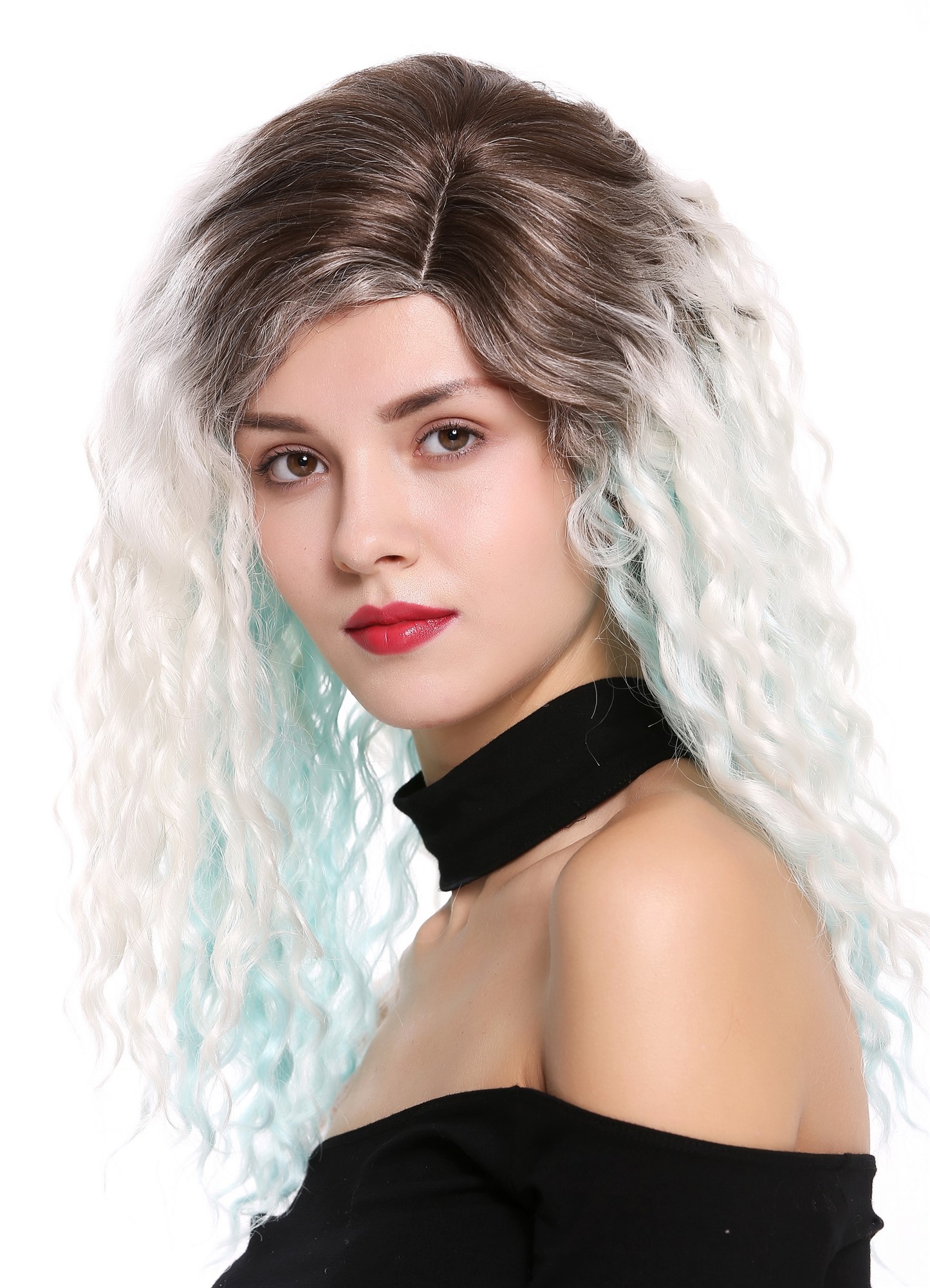hochwertige Qualitätsperücken, Perücke Afro Locken gekreppt Seitenscheitel Braun Blond Blau 803AD-8+60+L-BLUE, Ansicht 3, WIG ME UP: Ihr Perücken Online Shop lockige Tressen-Perücke mit Kopfhaut-Imitat Aschbraun-Schwedenblond-Türkisblau-Mix lange Haare für Damen