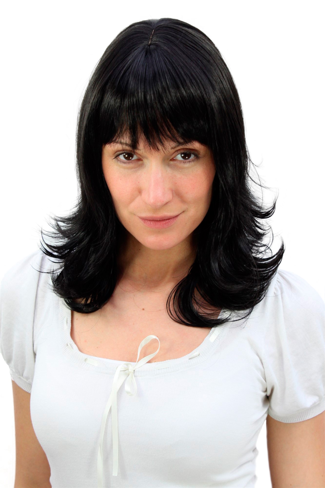 Lady women wig classy black shoulder-length straight wavy tips 3017 , front view, WIG ME UP: Your Perücken Online Shop Quality Wigs, Ladies, black-brown, wavy, shoulder-length