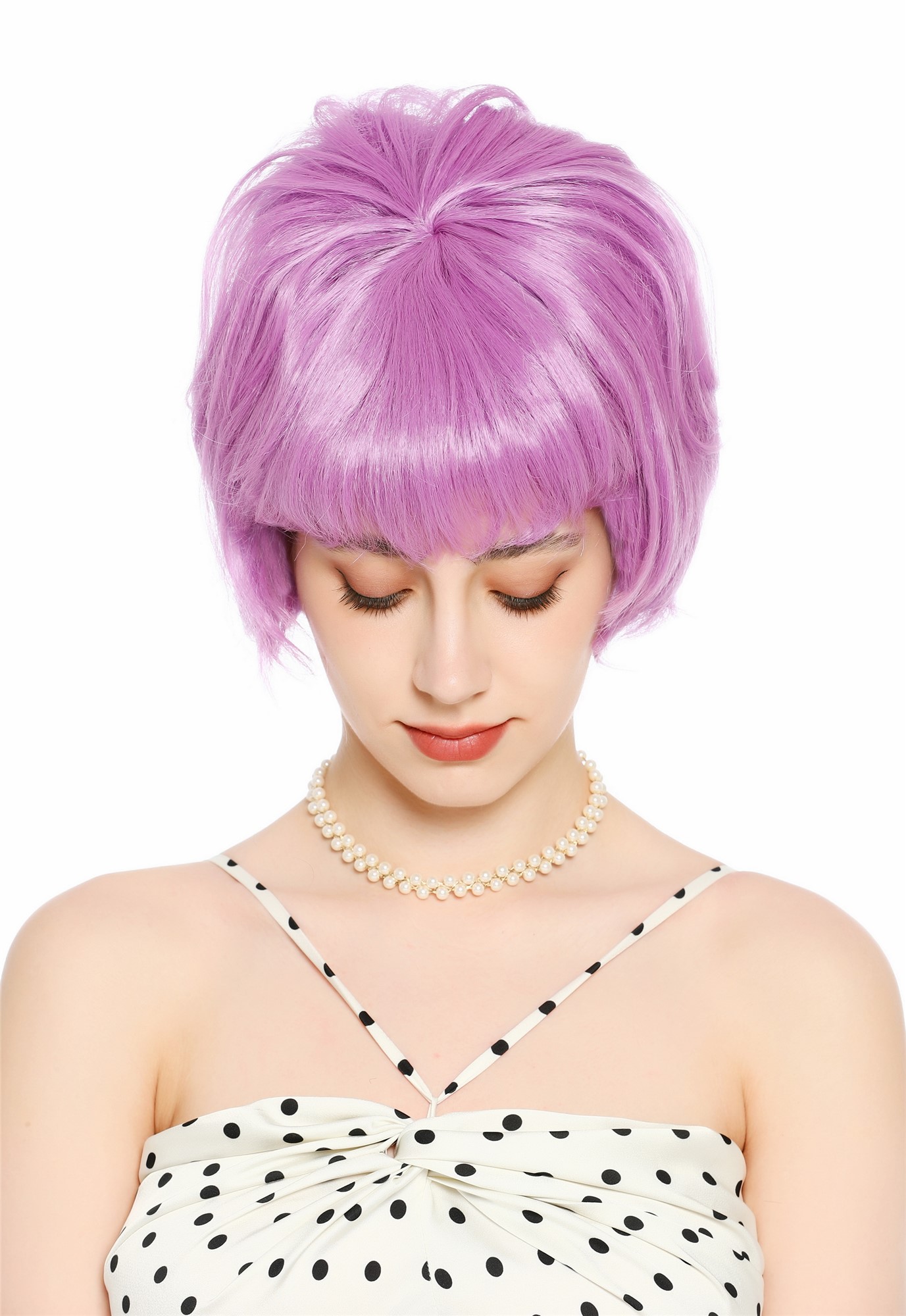 Perücke Damen Retro 50er 60er Beehive hochtoupiert kurz Pony Lila VK-65-purple