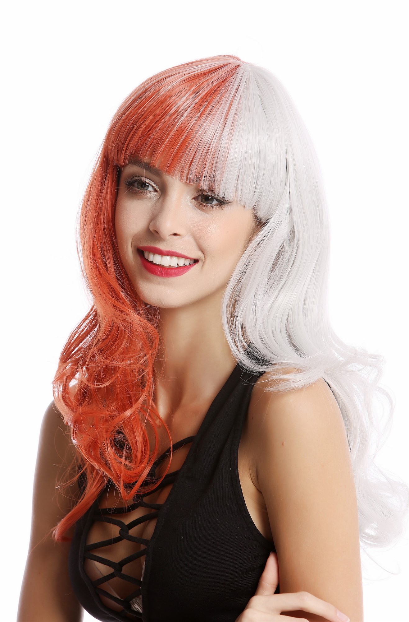 hochwertige Qualitätsperücken, Perücke Lang Lockig Halb Rot Grau GF-W2301-1001A+T2313, Ansicht 2, WIG ME UP: Ihr Perücken Online Shop lockige Tressen-Perücke Weißgrau-Rostrot-Mix lange Haare für Damen