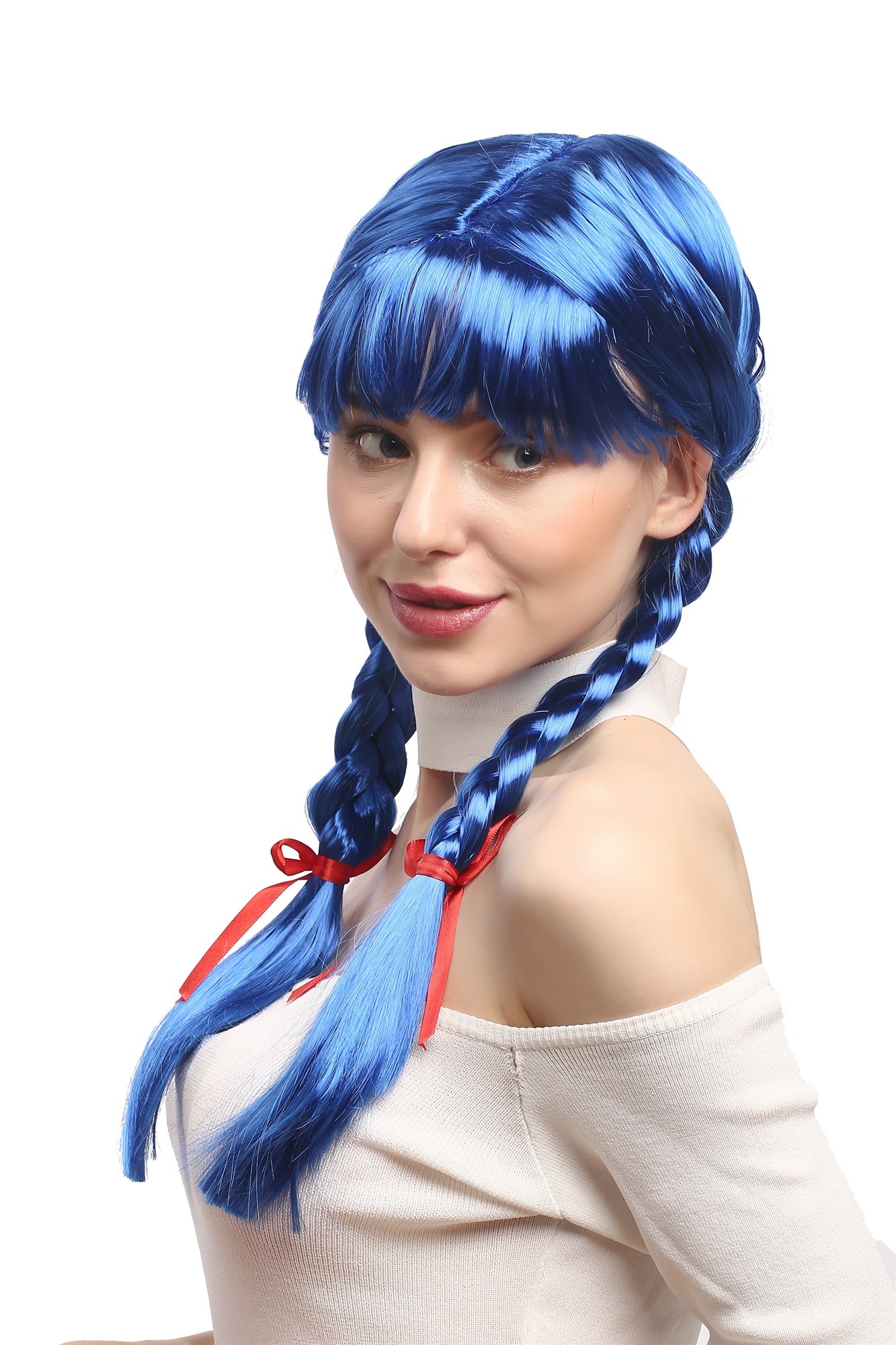 Lady Wig Halloween Lolita schoolgirl long braided plaits fringe blue XR-008, view 3, WIG ME UP: Your Perücken Online Shop Party Wig, Ladies, neon blue, Braided, long