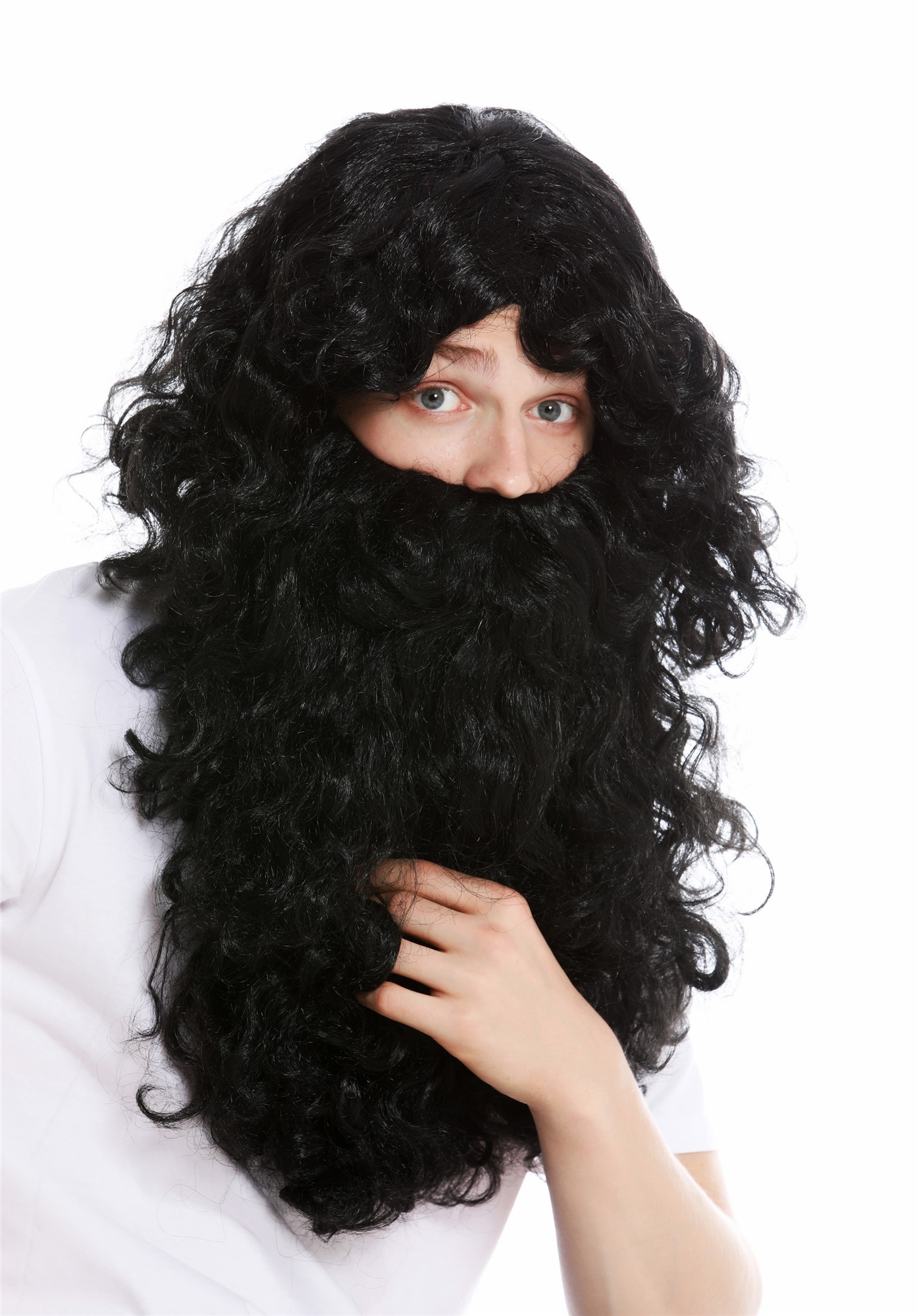 günstige Party Perücke, Perücke Bart Prophet Zauberer Schwarz 46-A+B-ZA103, Ansicht 2, WIG ME UP: Ihr Perücken Online Shop lockige Party Perücke Pechschwarz kurze Haare für Herren