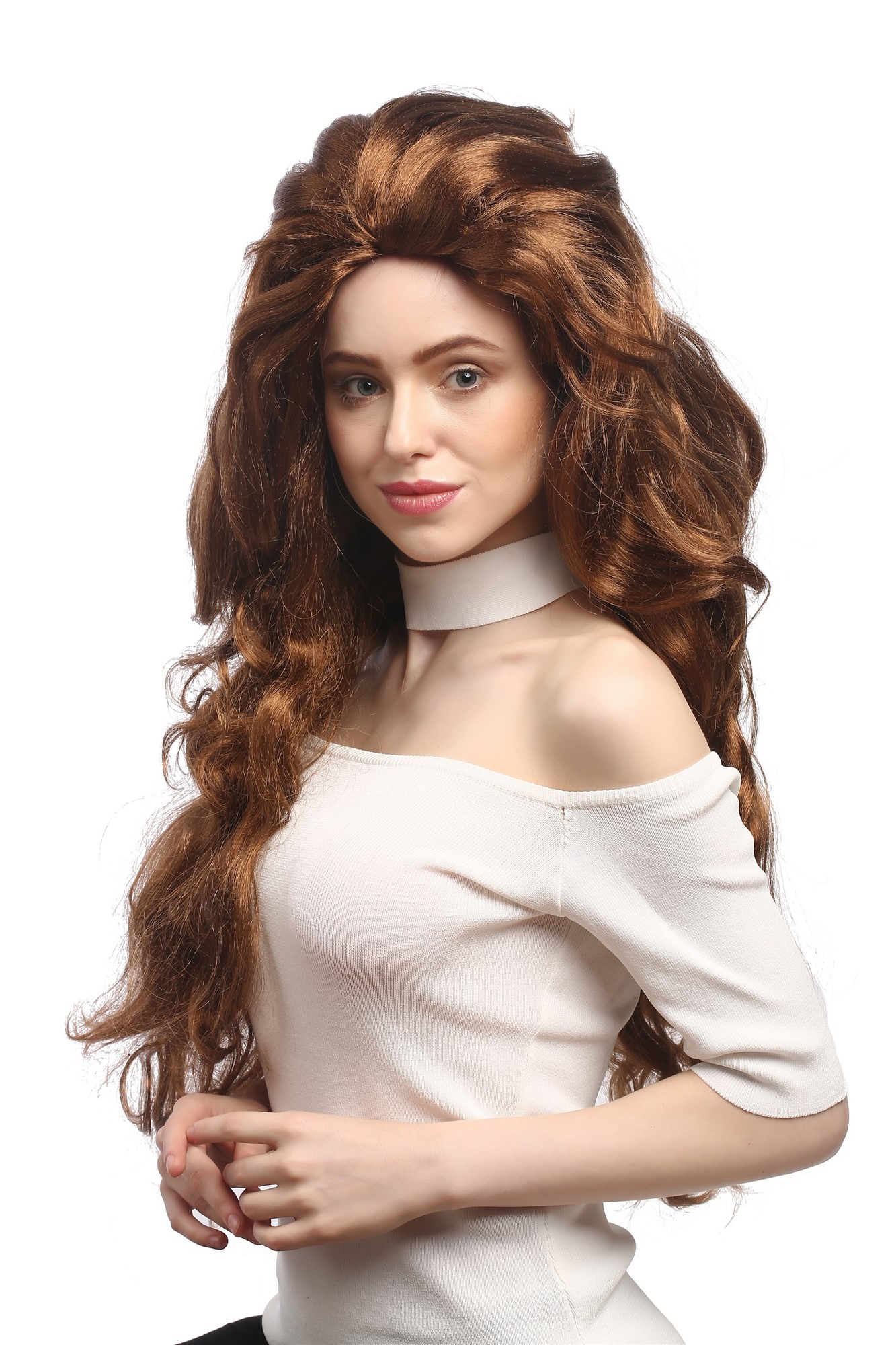 Lady Party Wig Fancy Dress huge and very long,voluminous backcombed wavy redish copper brown, front view, WIG ME UP: Your Perücken Online Shop Party Wig, Ladies, Brown, wavy, very long