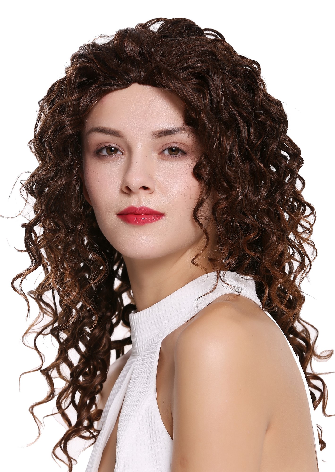 hochwertige Qualitätsperücken, Halbperücke 3/4 Perücke lang gelockt kastanie braun AG-2T30, Vorderansicht, WIG ME UP: Ihr Perücken Online Shop lockige Tressen-Perücke mit Gummizug Schwarzbraun-Kupferbraun-Mix lange Haare für Damen
