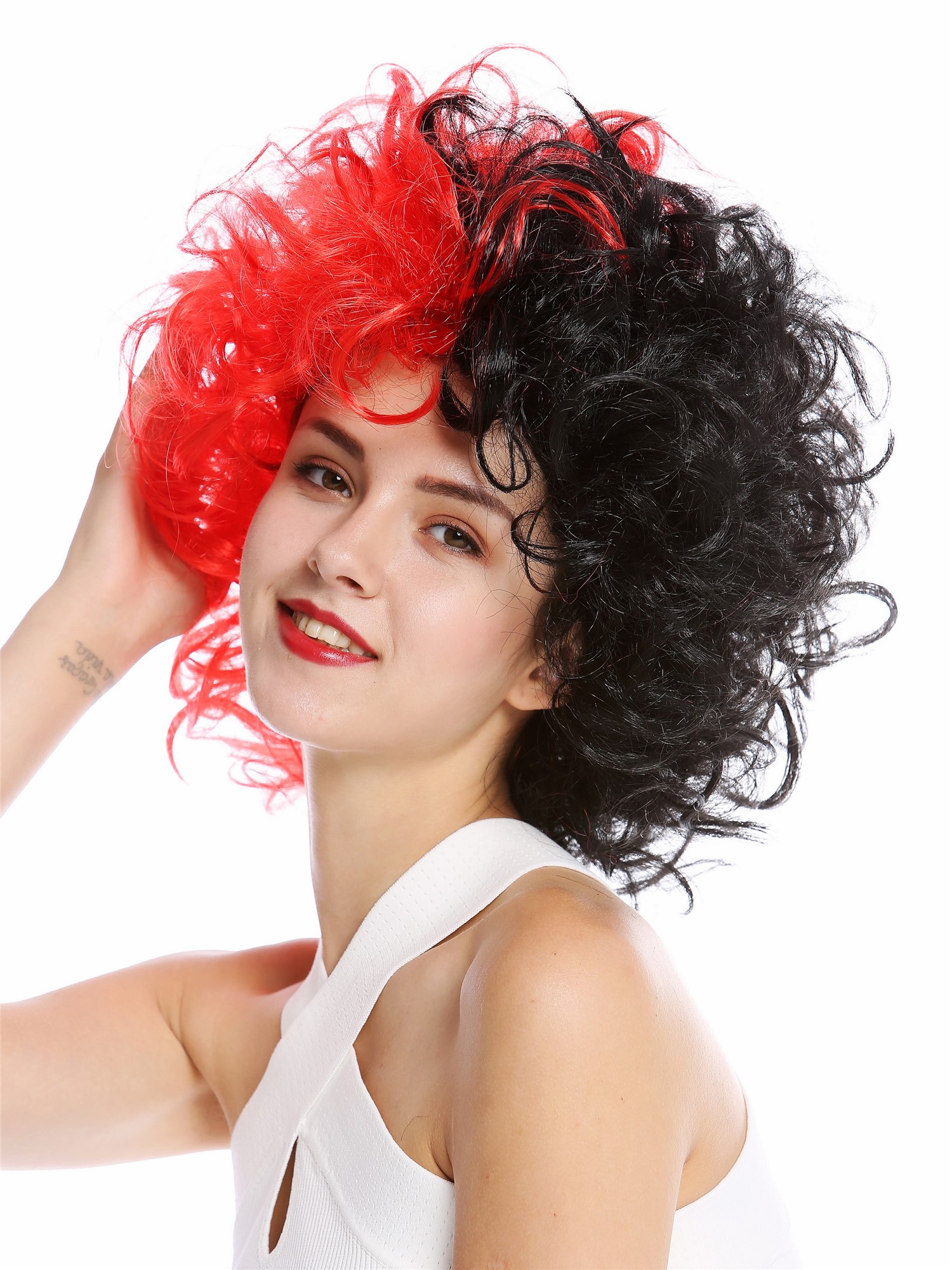 Lady Man Party Wig Evil Diva curly unruly curled half black half red  91344, view 3, WIG ME UP: Your Perücken Online Shop Party Wig, Unisex, red-black, curled, short