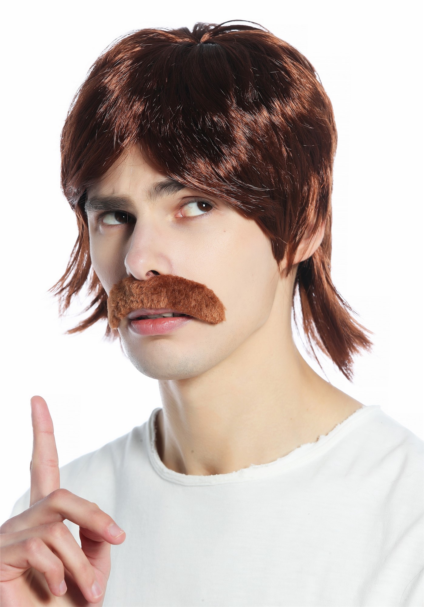 günstige Party Perücke, Perücke Herren 70er Jahre Proll Cop Vokuhila Schnauzbart braun CW-016-P33, Ansicht 3, WIG ME UP: Ihr Perücken Online Shop glatte Party Perücke Mahagoni kurze Haare für Herren