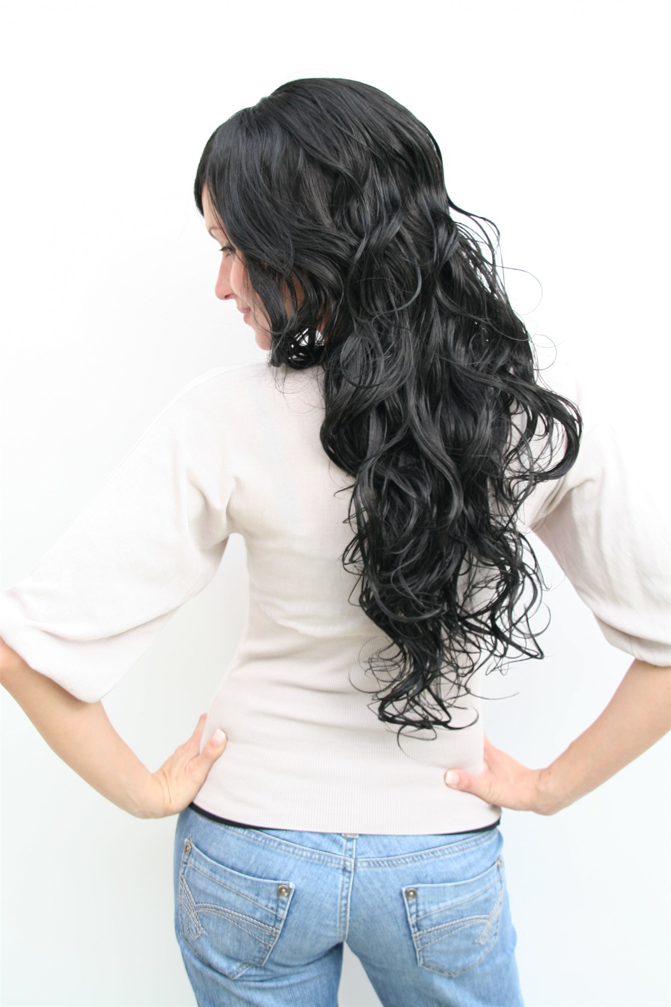 hochwertige Qualitätsperücken, Damen Perücke schwarz sehr lang voluminös 9669EL-1B, Ansicht 3, WIG ME UP: Ihr Perücken Online Shop wellige Tressen-Perücke mit Kopfhaut-Imitat Samtschwarz lange Haare für Damen