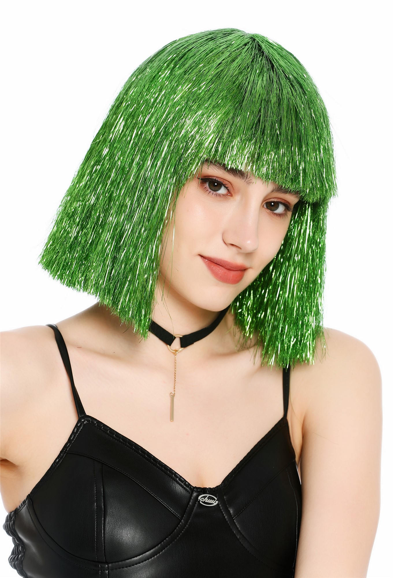 Perücke Damen Glitzer Lametta Tinsel Look Longbob Pony Disco Glam Grün VK-42-TN11