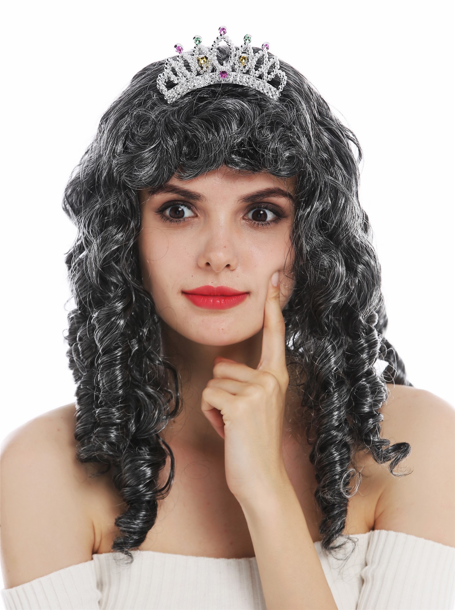 günstige Party Perücke, Perücke Königin Fee Prinzessin grau Locken Tiara 68840-P103-68, Vorderansicht, WIG ME UP: Ihr Perücken Online Shop lockige Party Perücke Dunkelgrau schulterlange Haare für Damen