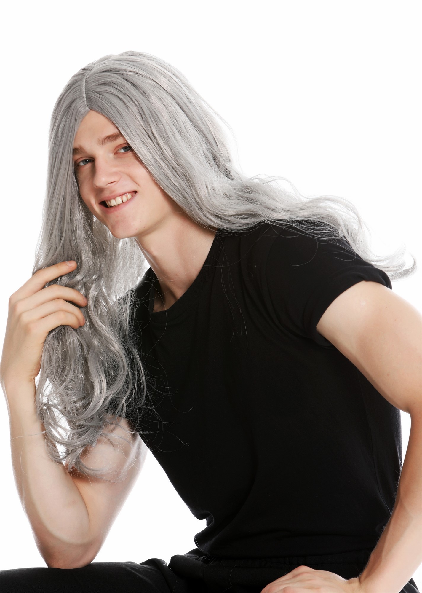 Party wig men women long wild middle parting old rocker hippie gray grey LM-155, front view, WIG ME UP: Your Perücken Online Shop Party Wig, Unisex, light gray, wavy, long