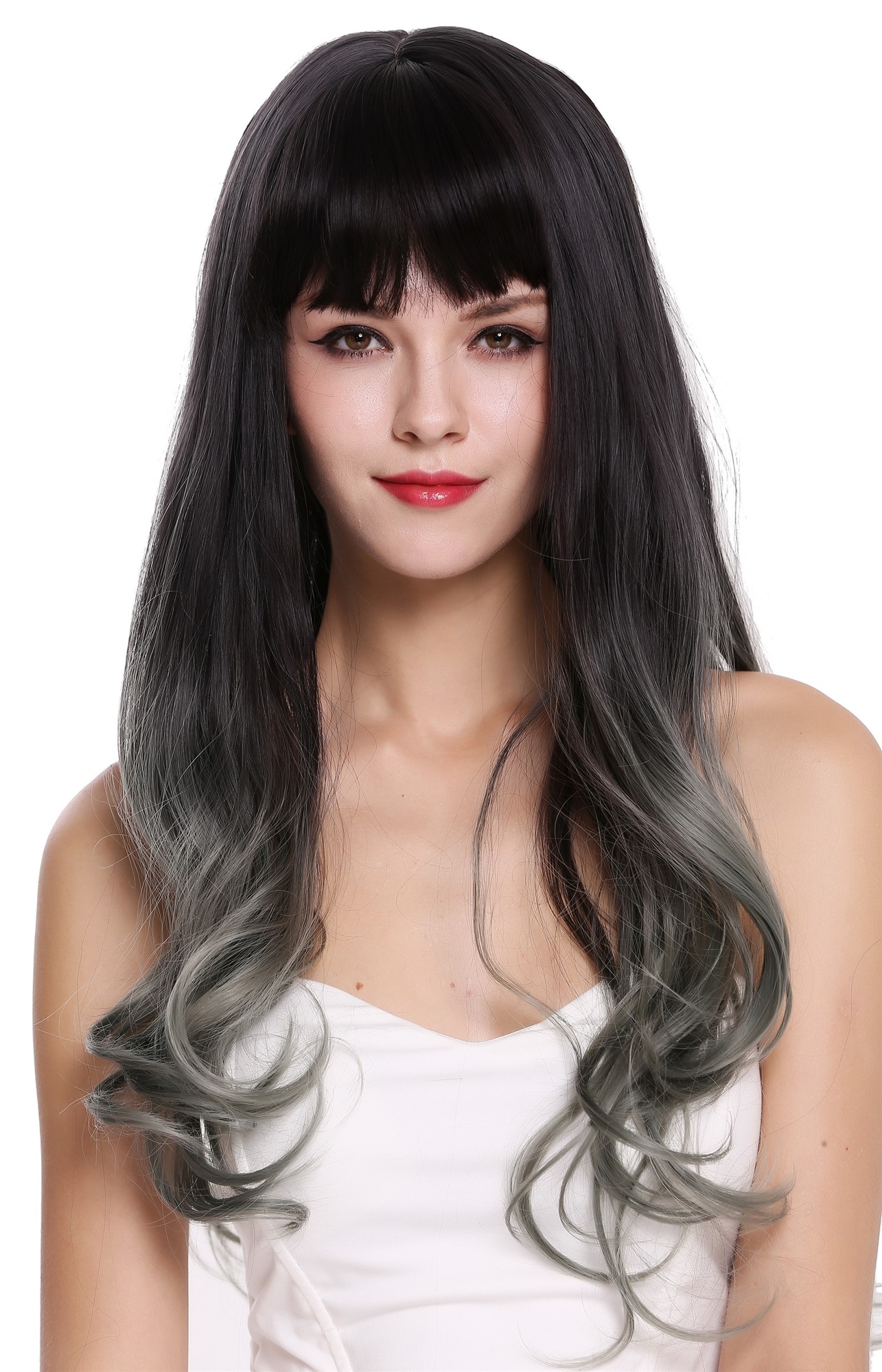 hochwertige Qualitätsperücken, Perücke lang Pony wellig Balayage Dunkelbraun Grün H1800-904R4, Vorderansicht, WIG ME UP: Ihr Perücken Online Shop wellige Tressen-Perücke mit Kopfhaut-Imitat Dunkelbraun-Meergrün-Mix lange Haare für Damen