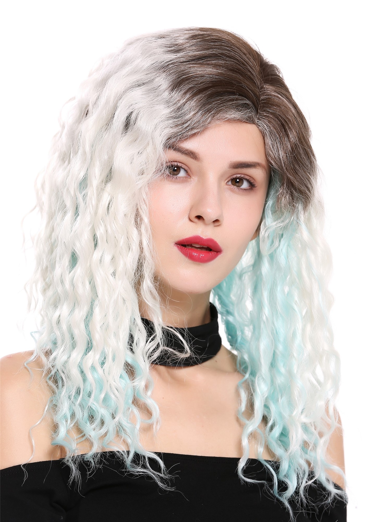 hochwertige Qualitätsperücken, Perücke Afro Locken gekreppt Seitenscheitel Braun Blond Blau 803AD-8+60+L-BLUE, Vorderansicht, WIG ME UP: Ihr Perücken Online Shop lockige Tressen-Perücke mit Kopfhaut-Imitat Aschbraun-Schwedenblond-Türkisblau-Mix lange Haare für Damen