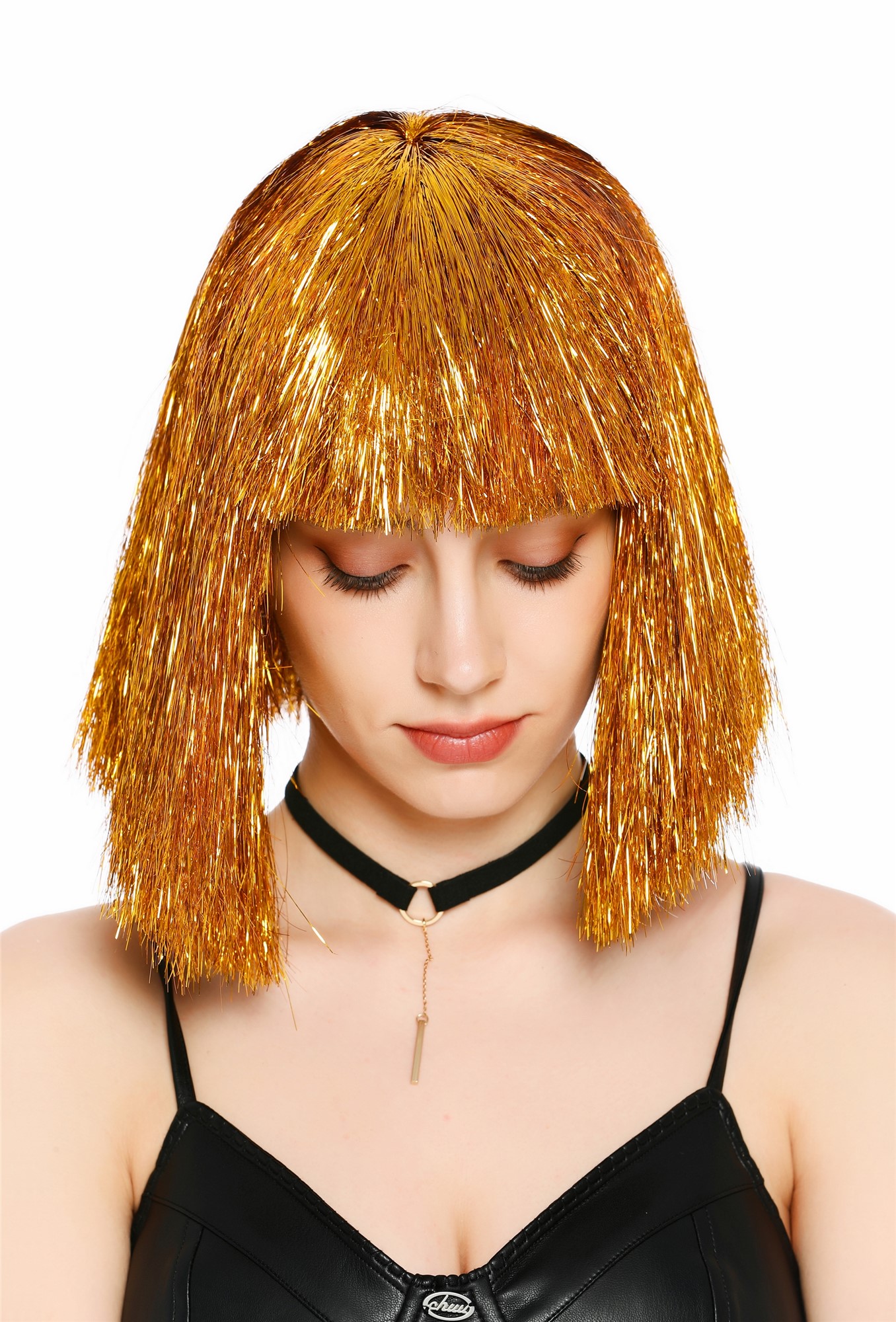 Perücke Damen Glitzer Lametta Tinsel Look Longbob Pony Disco Glam Gold VK-42-TN9