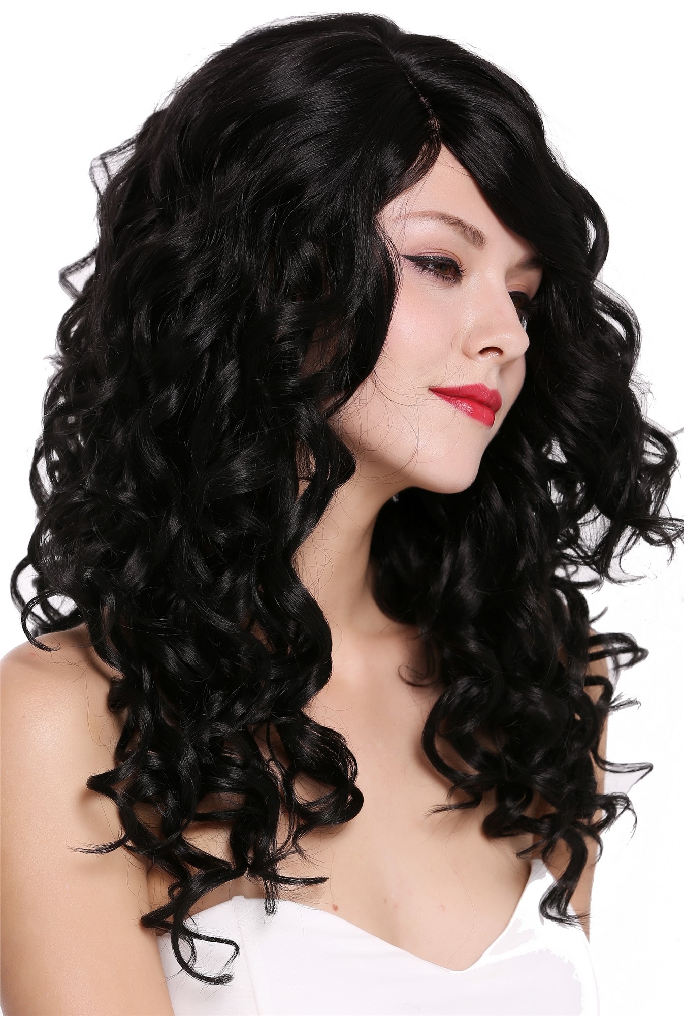 hochwertige Qualitätsperücken, Perücke Locken Volumen Lang Scheitel Schwarz RGF-6467C-1B, Ansicht 2, WIG ME UP: Ihr Perücken Online Shop lockige Tressen-Perücke mit Kopfhaut-Imitat Samtschwarz lange Haare für Damen