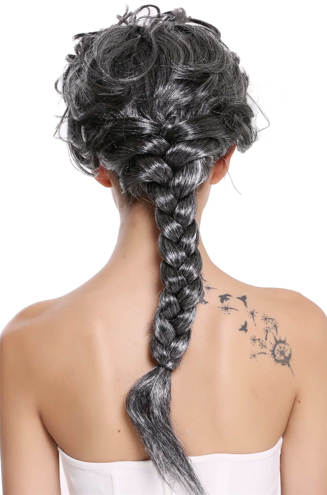 Baroque Lady Party Wig black white mix streaked long braided ponytail 051, view 4, WIG ME UP: Your Perücken Online Shop Party Wig, Ladies, Grey, Braided, long