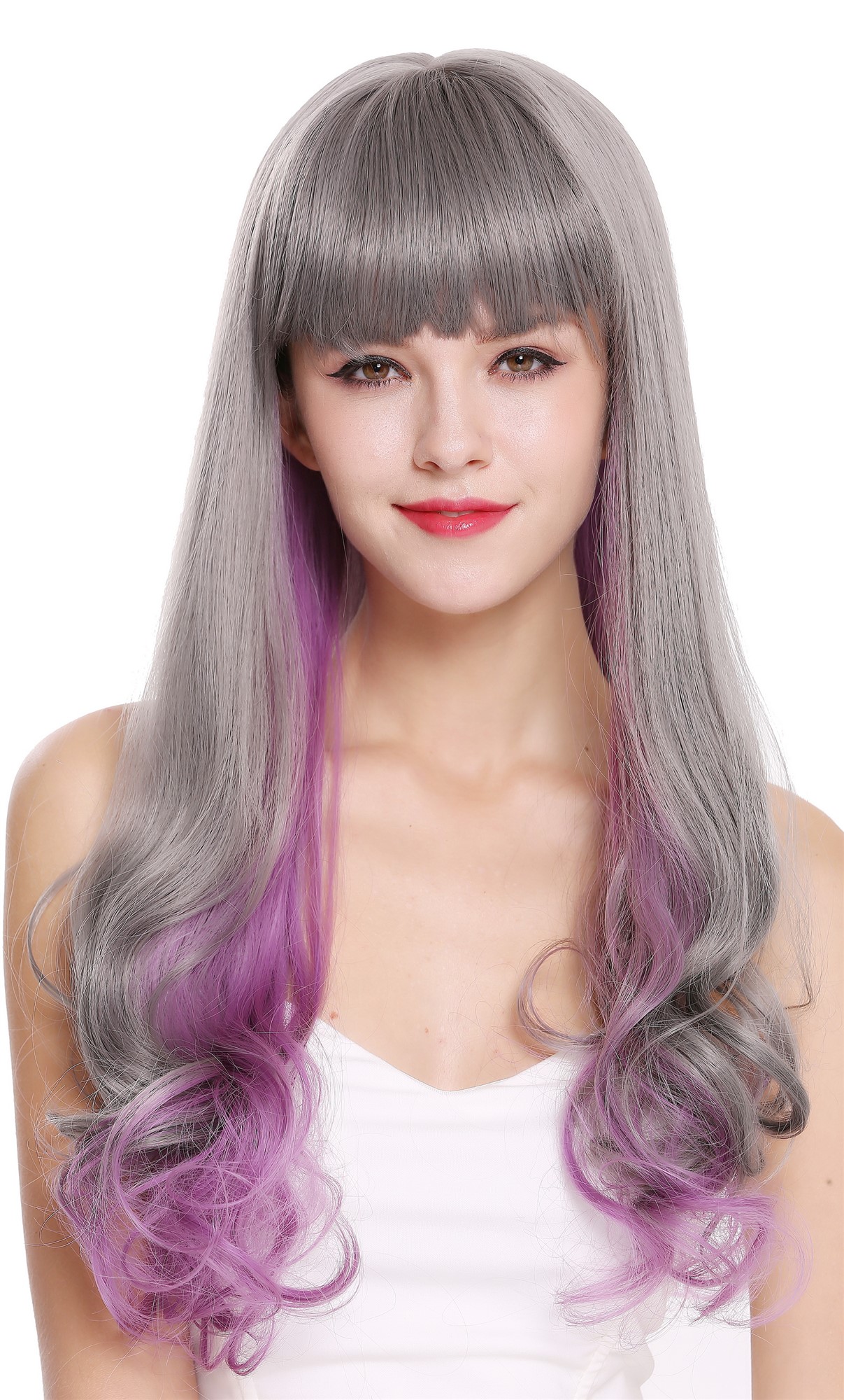 hochwertige Qualitätsperücken, Perücke Lang Glatt Lockig Pony Grau Violett D1819-10AT366, Vorderansicht, WIG ME UP: Ihr Perücken Online Shop lockige Tressen-Perücke mit Kopfhaut-Imitat Aschgrau-Indigoviolett-Mix lange Haare für Damen