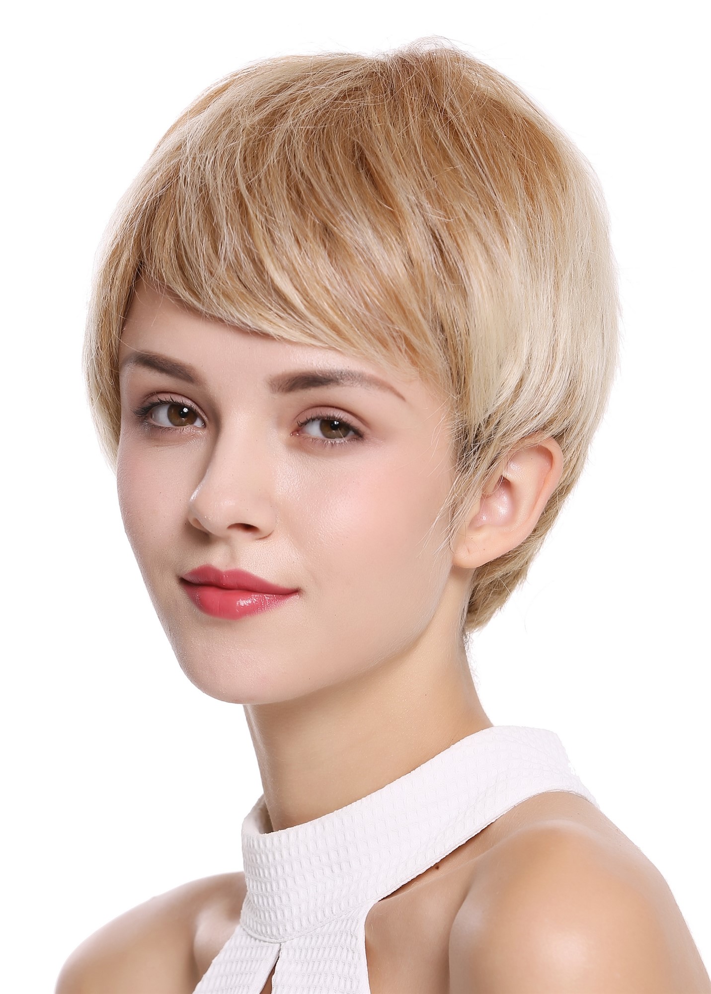 hochwertige Qualitätsperücken, Perücke Monofilament kurz burschikos Blond Platin gesträhnt DW-1681-MT-HS-27T613, Ansicht 3, WIG ME UP: Ihr Perücken Online Shop glatte Tressen-Perücke mit Teil-Mono Oberkopf, Front-Lace und als Befestigung mit Klebeflächen Erdbeerblond-Platinblond-Mix kurze Haare für Unisex