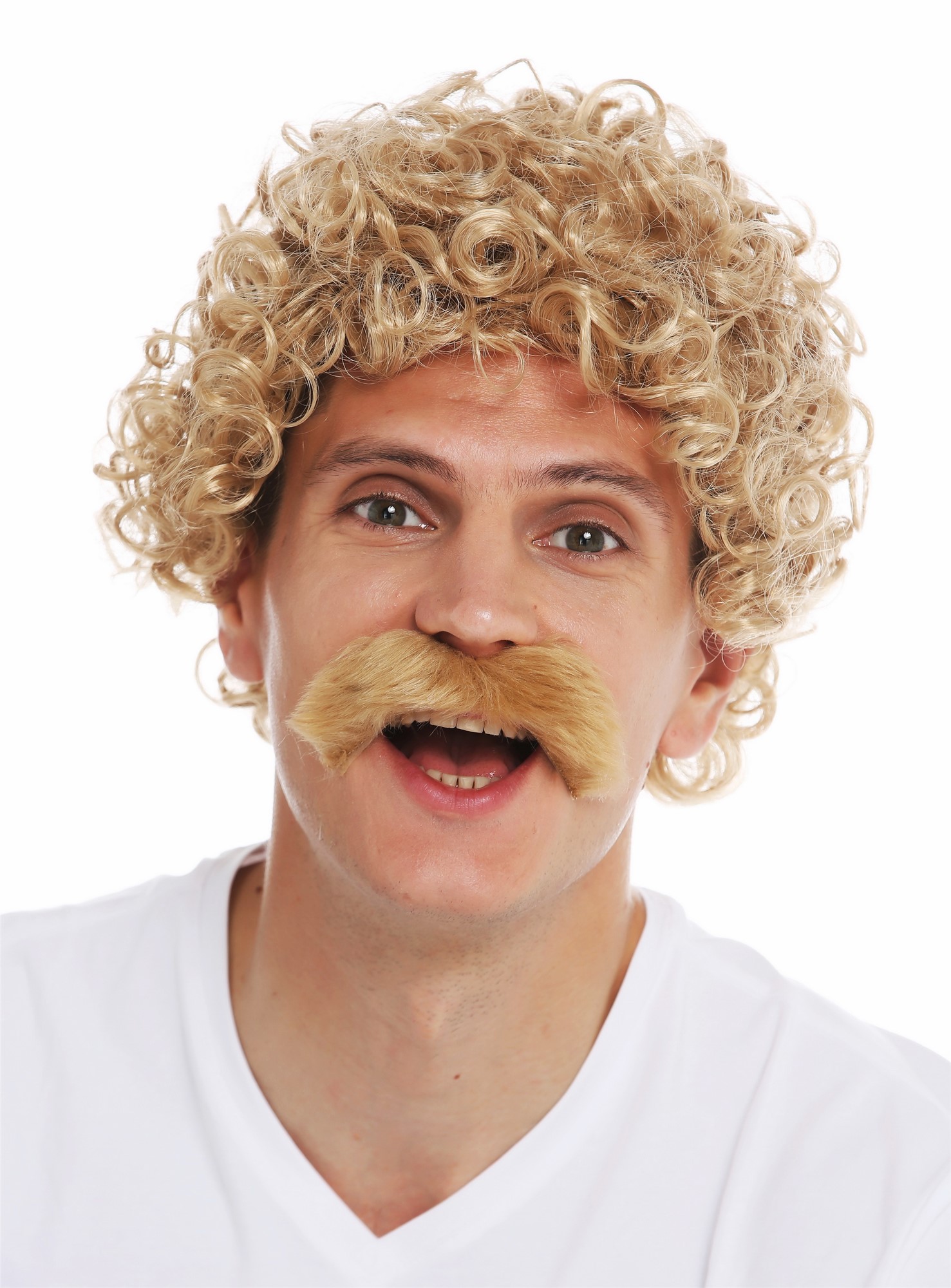 günstige Party Perücke, Perücke lockig Schnauzbart blond 2191-ZA82A, Vorderansicht, WIG ME UP: Ihr Perücken Online Shop lockige Party Perücke Karamellblond kurze Haare für Herren