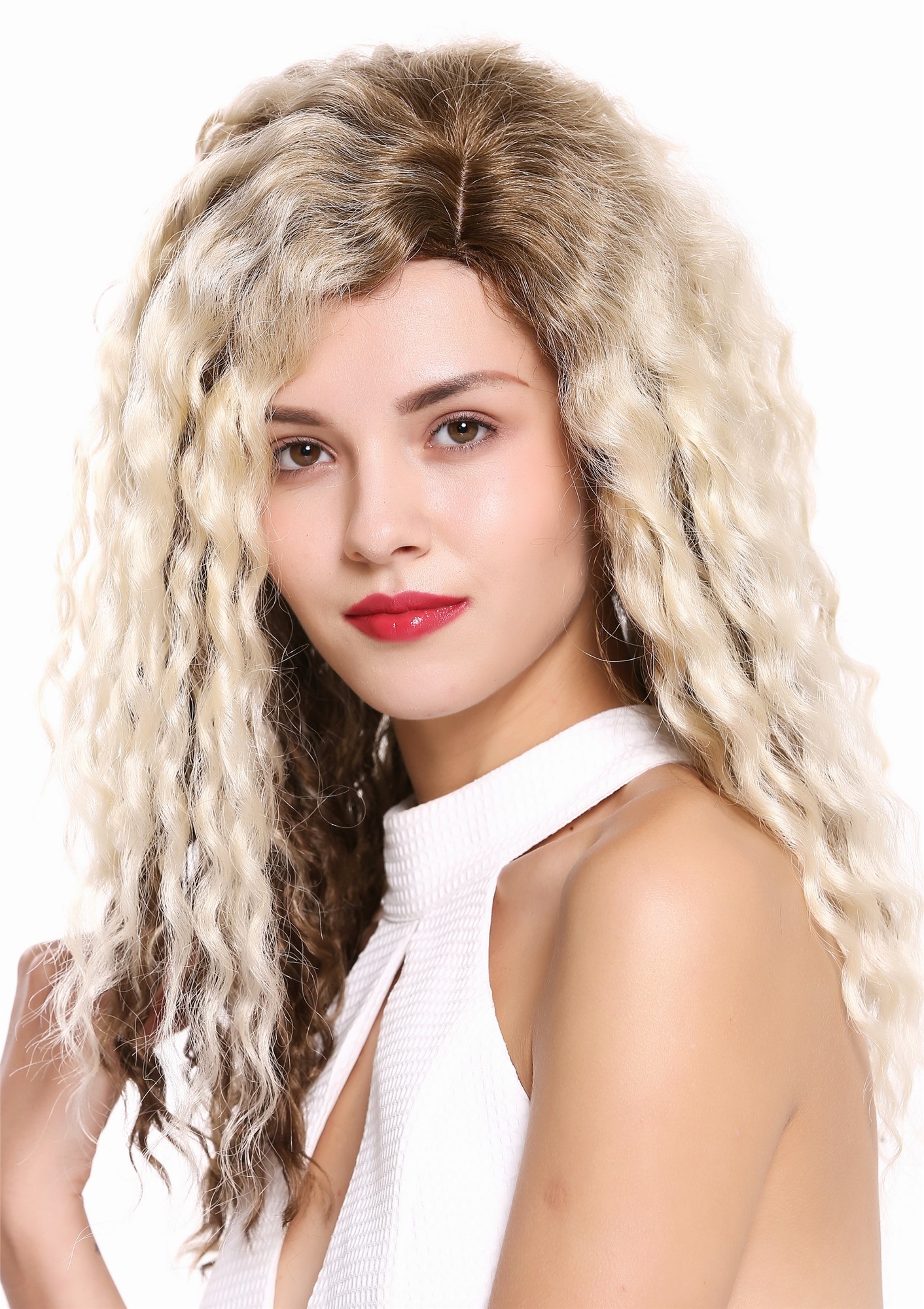 hochwertige Qualitätsperücken, Perücke Afro Locken gekreppt Seitenscheitel Ombre Braun Blond 803AD-12/613YS12, Ansicht 2, WIG ME UP: Ihr Perücken Online Shop lockige Tressen-Perücke mit Kopfhaut-Imitat Goldbraun-Platinblond-Mix lange Haare für Damen