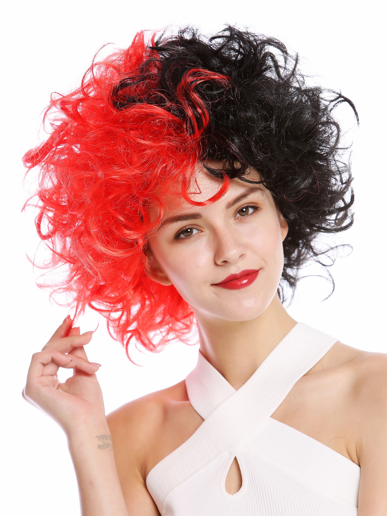 Lady Man Party Wig Evil Diva curly unruly curled half black half red  91344, front view, WIG ME UP: Your Perücken Online Shop Party Wig, Unisex, red-black, curled, short