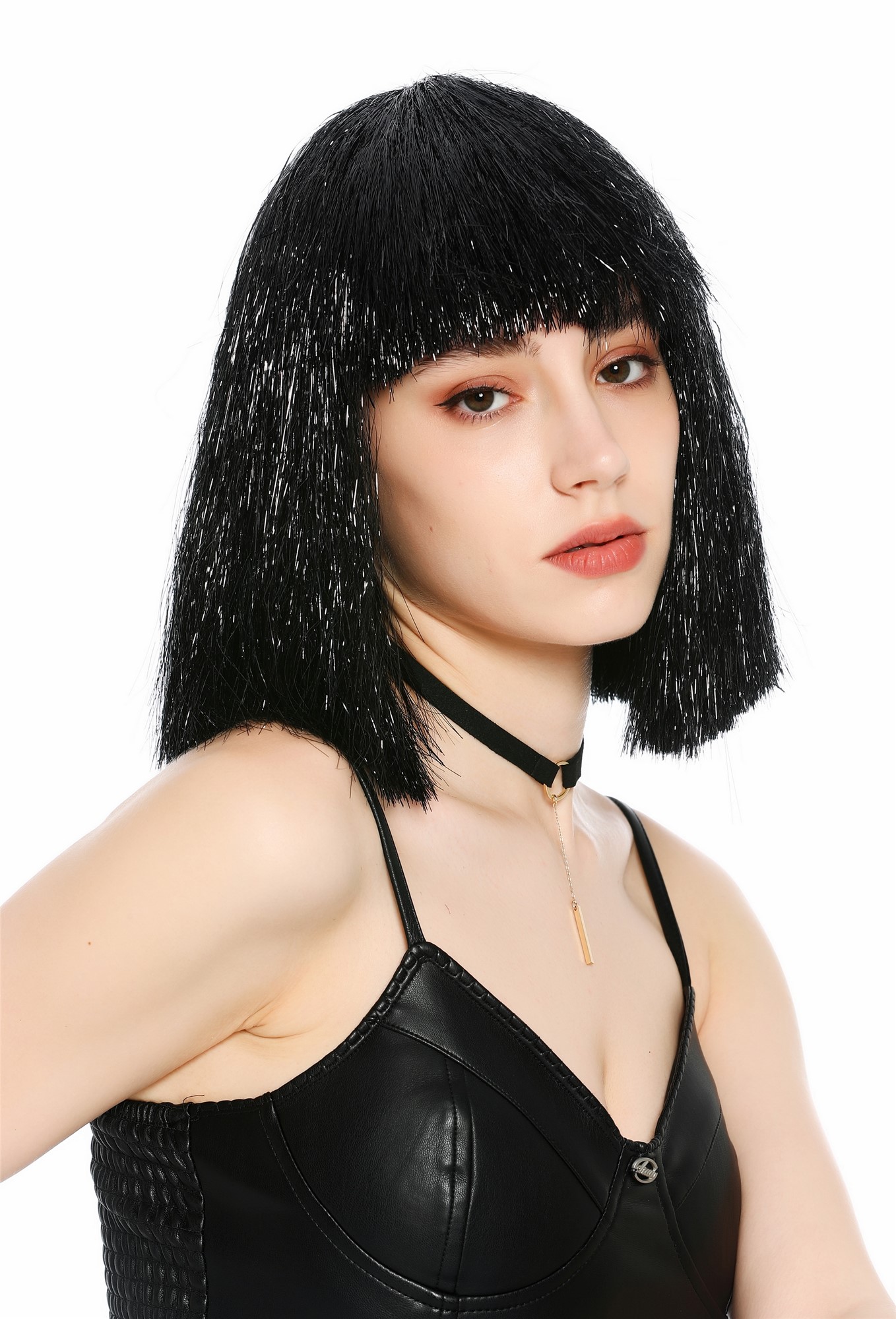 Perücke Damen Glitzer Lametta Tinsel Look Longbob Pony Disco Glam Schwarz VK-42-TN18