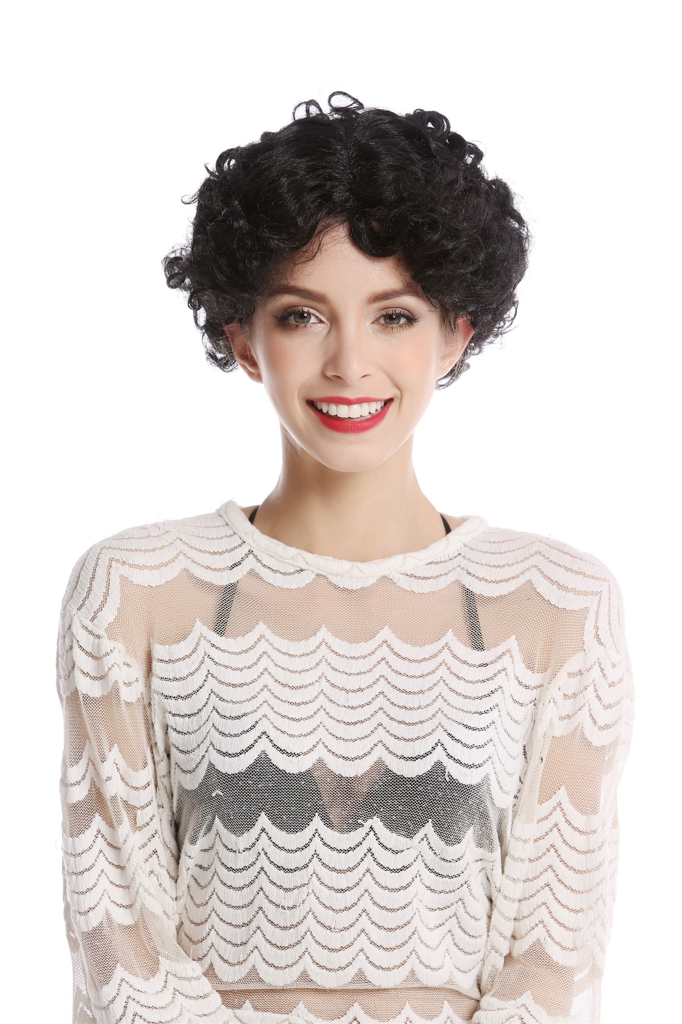 90982-ZA103 Wig Ladies Women Halloween Carnival Cosplay short curly curls black, view 2, WIG ME UP: Your Perücken Online Shop Party Wig, Unisex, Black, curled, short
