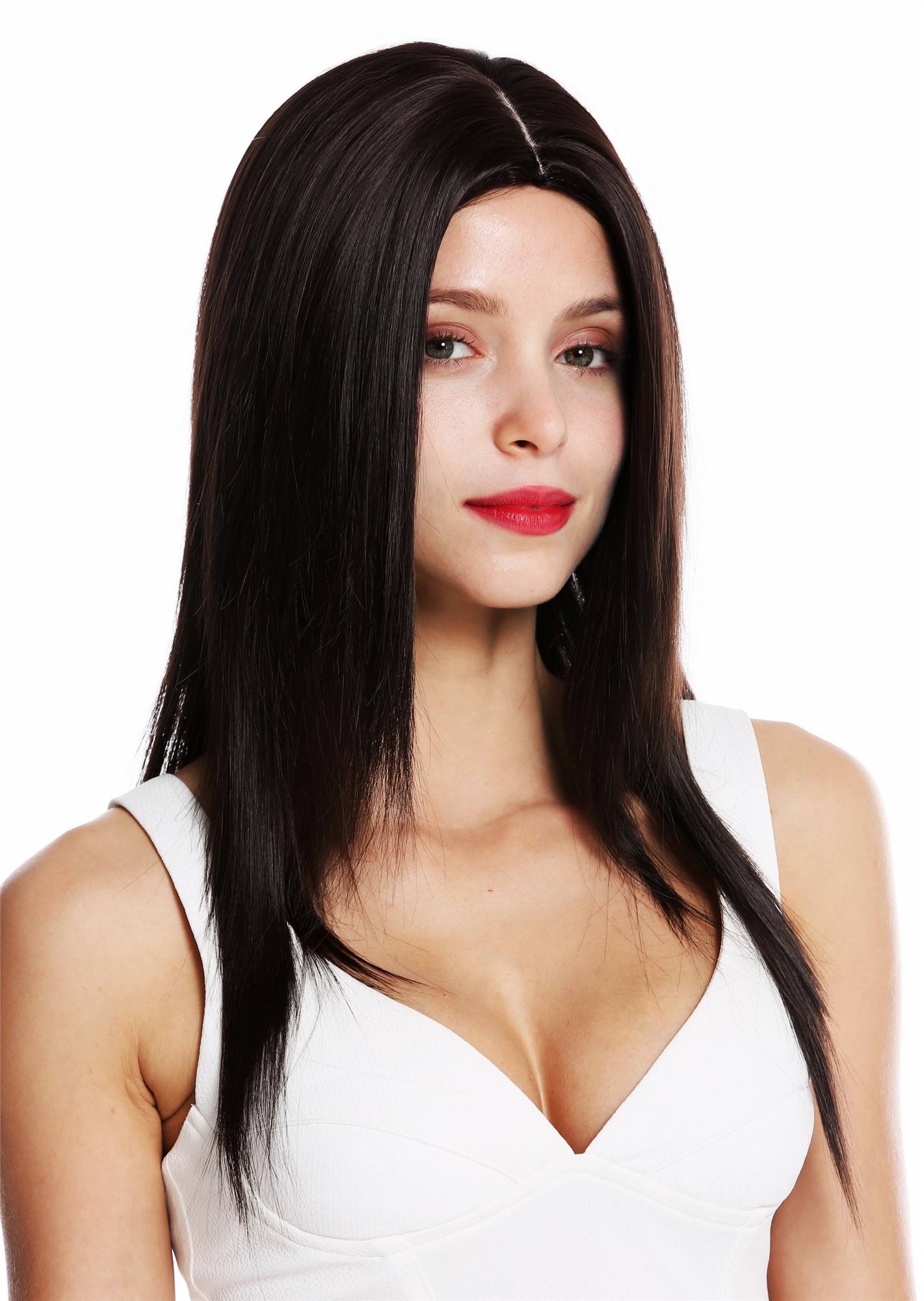 Women's wig lady wig long sleek layered middle parting dark brown VK-34, front view, WIG ME UP: Your Perücken Online Shop Quality Wigs, Ladies, dark brown, straight, long