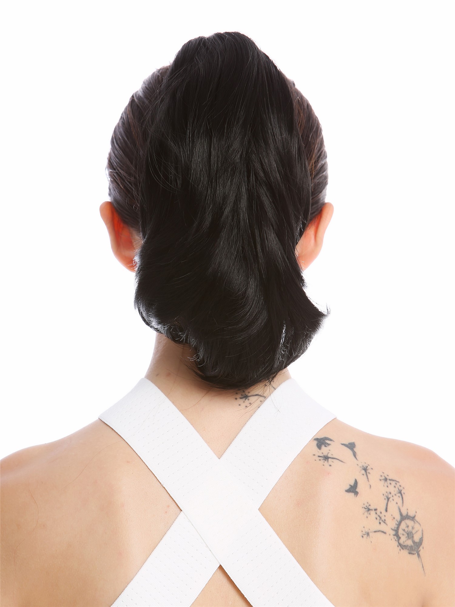 hochwertiger Zopf Pferdeschwanz kurz glatt leicht wellig Schwarz MKB-29-V-1, Vorderansicht, WIG ME UP: Ihr Perücken Online Shop lockiges Zopf-Haarteil Schwarz 30 cm lang