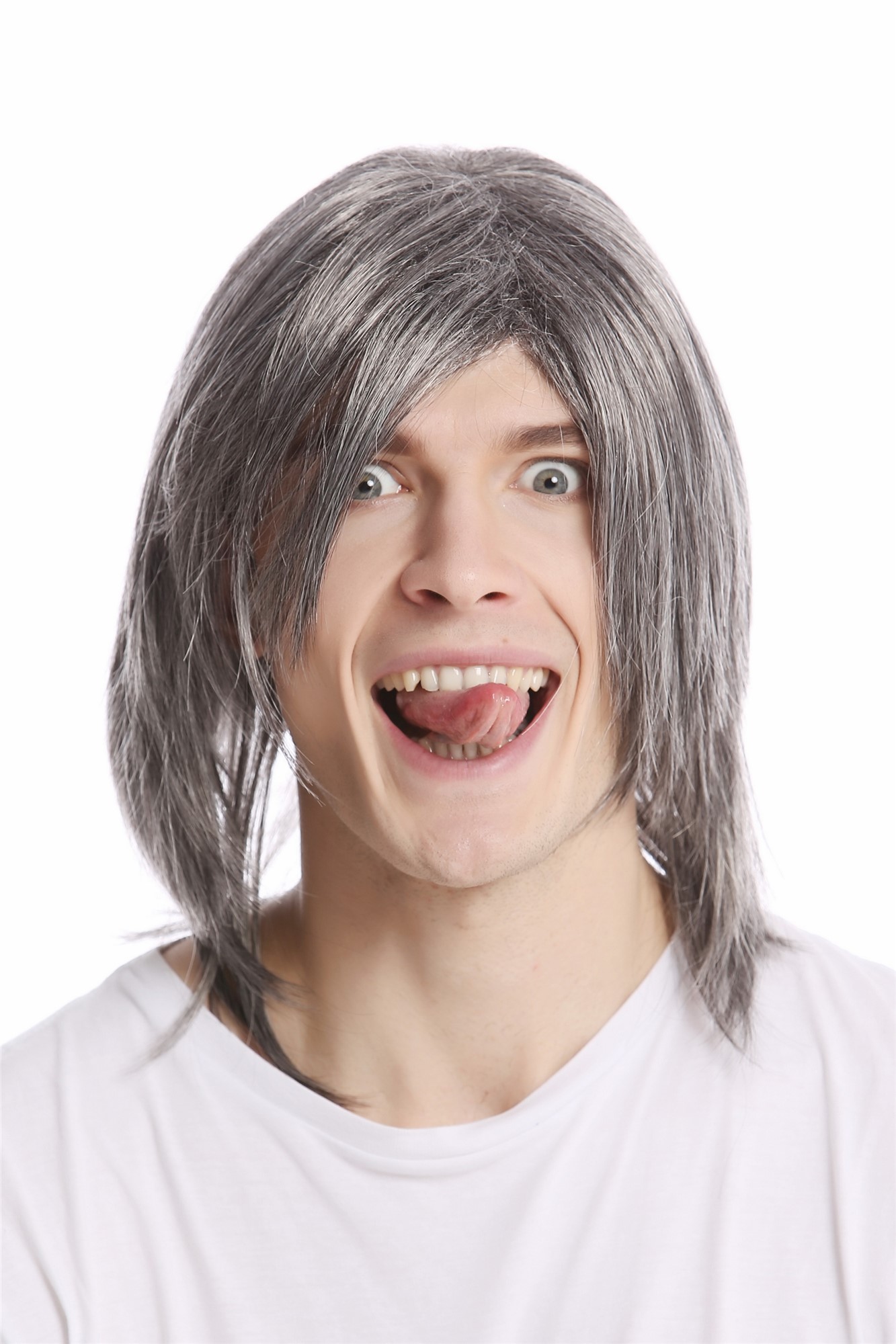 hochwertige Qualitätsperücken, Herrenperücke lang lässiger Haarschnitt cool Scheitel dunkelgrau grau GFW892-44, Vorderansicht, WIG ME UP: Ihr Perücken Online Shop glatte Tressen-Perücke Dunkelgrau schulterlange Haare für Herren