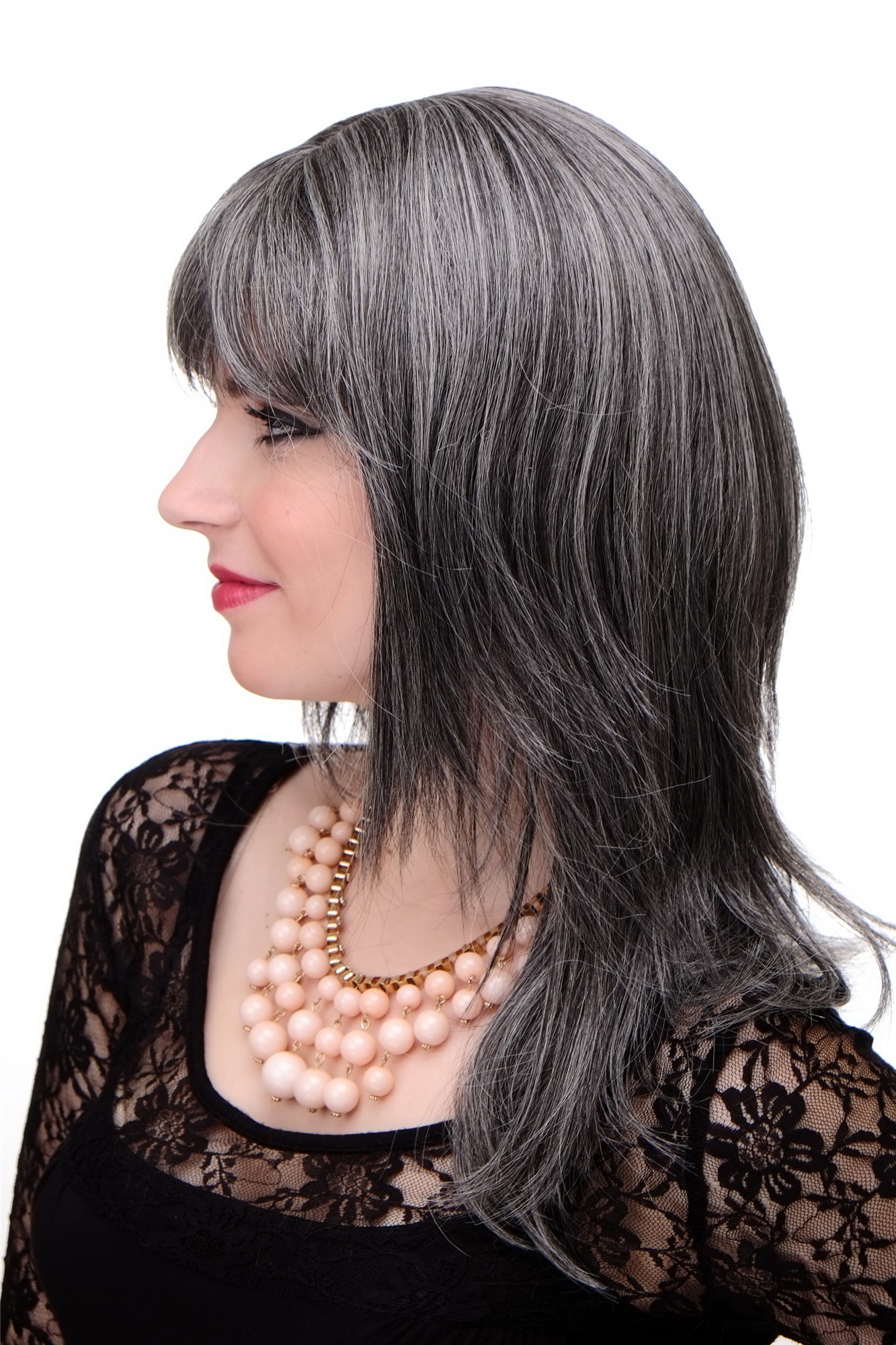 Lady wig medium length fringe parted side straight layered dark grey gray 3003, view 2, WIG ME UP: Your Perücken Online Shop Quality Wigs, Ladies, dark brown-gray mix, straight, long