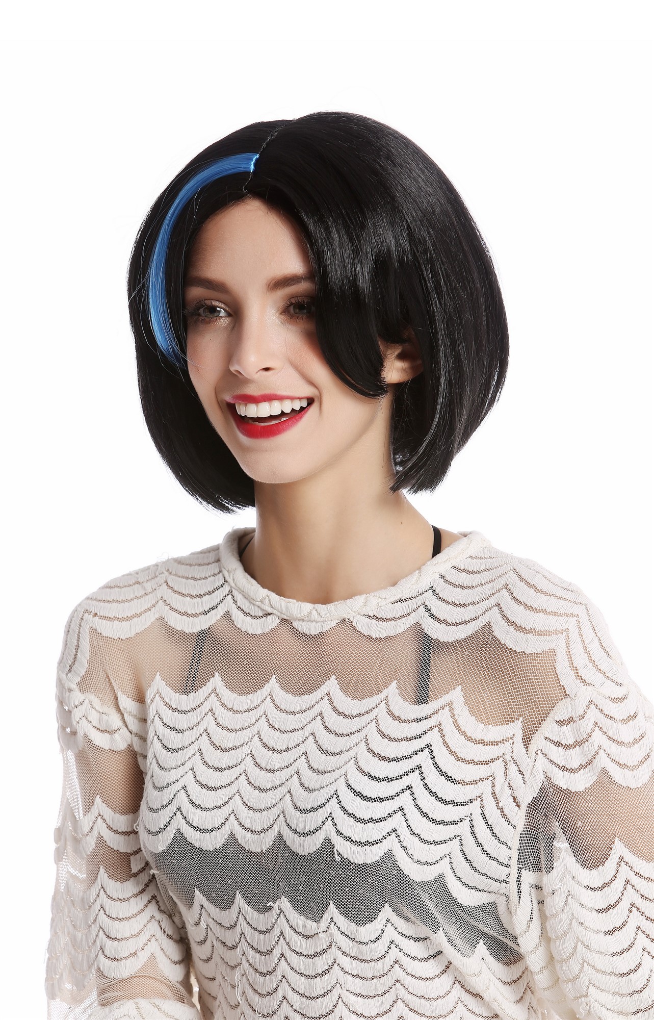 91254-ZA103+ZA4 Wig Ladies Women Halloween Carnival short Bob Bobo black blue strands at parting, front view, WIG ME UP: Your Perücken Online Shop Party Wig, Ladies, Black, straight, short