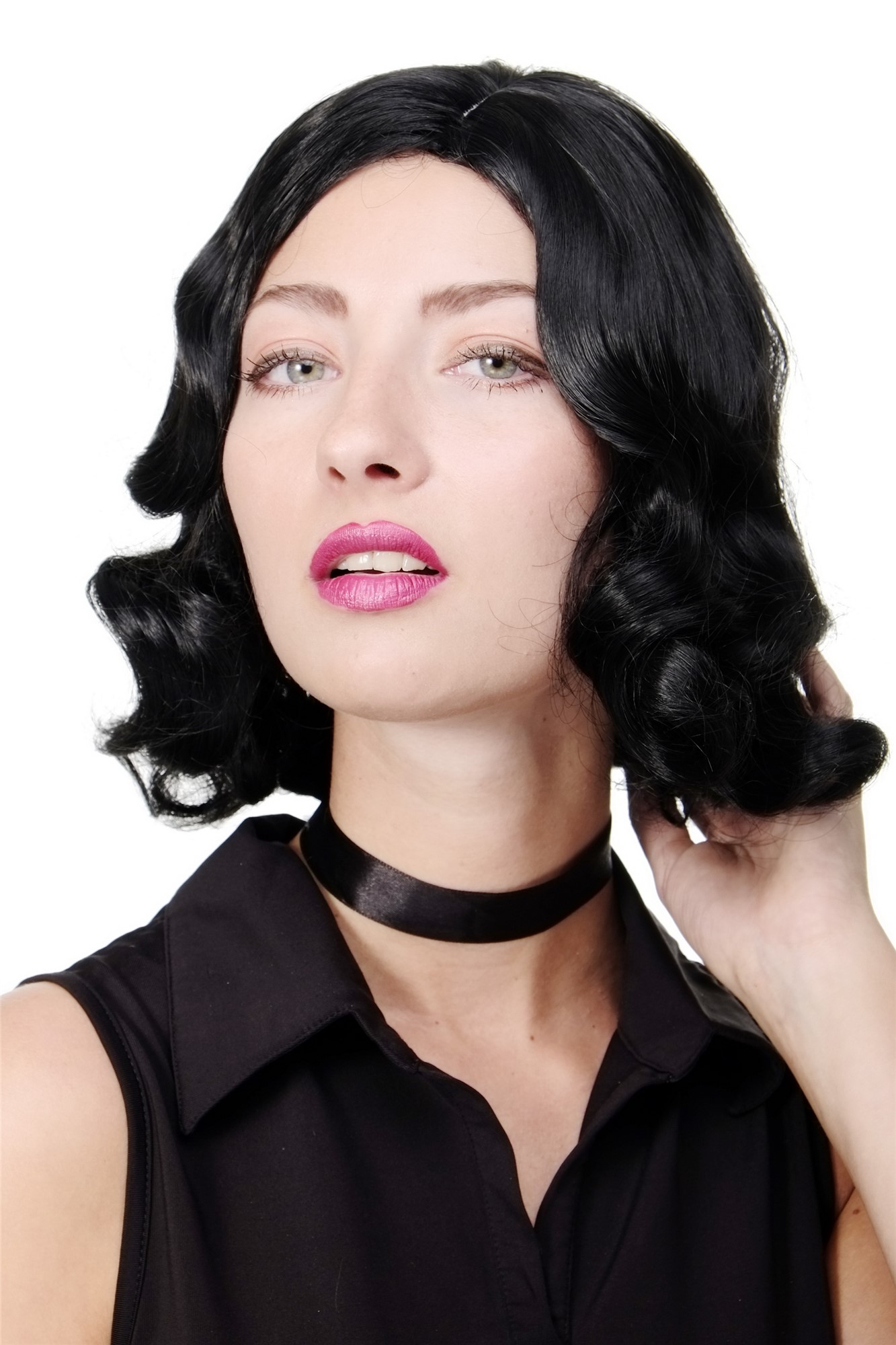 hochwertige Qualitätsperücken, Perücke 20er Jahre Swing Charleston Schwarz GFW1726-1B, Vorderansicht, WIG ME UP: Ihr Perücken Online Shop wellige Tressen-Perücke mit Kopfhaut-Imitat Samtschwarz kurze Haare für Damen