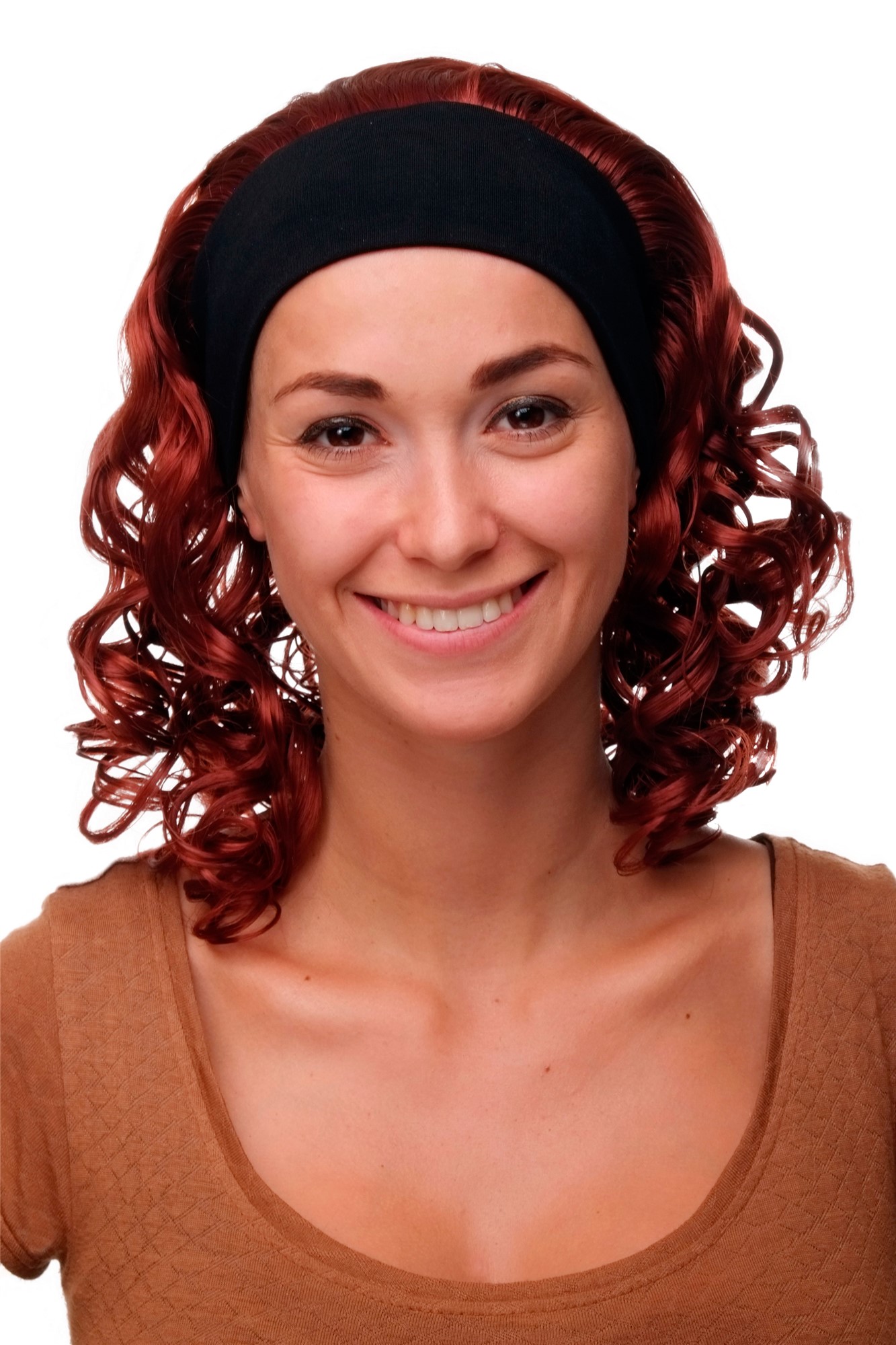 hochwertige Qualitätsperücken, Perücke Stirnband Kupferrot Locken Schulterlang BRO-704-350, Ansicht 2, WIG ME UP: Ihr Perücken Online Shop lockige Tressen-Perücke mit Stirnband Kupferrot schulterlange Haare für Damen