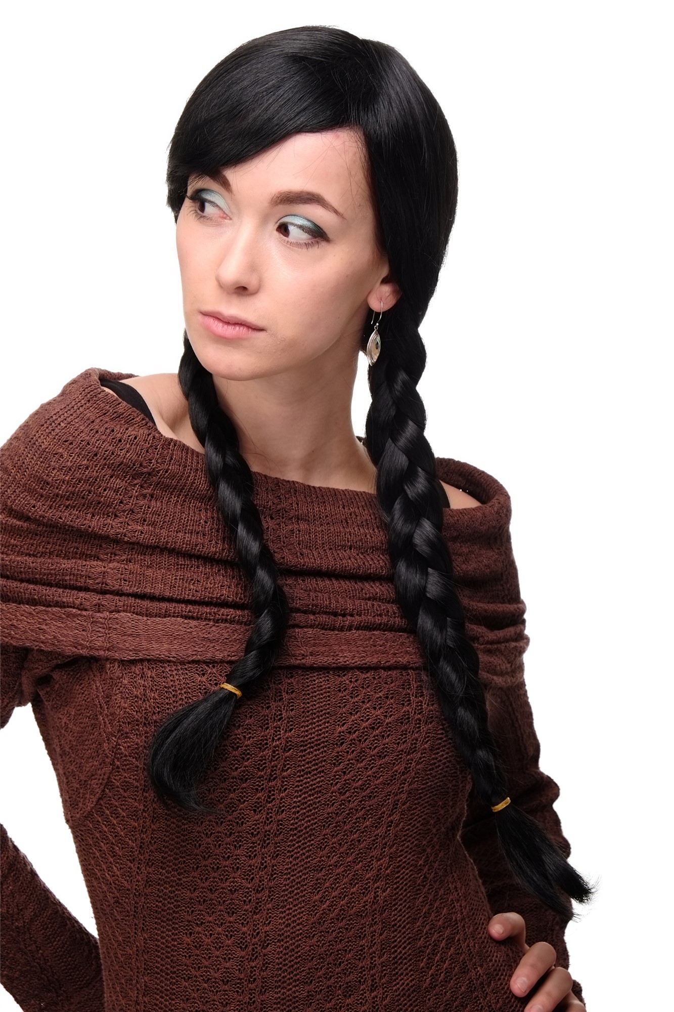 hochwertige Qualitätsperücken, Damen Perücke geflochtene Zöpfe Schulmädchen-Look Schwarz Modell: 3446, Vorderansicht, WIG ME UP: Ihr Perücken Online Shop geflochtene Tressen-Perücke Samtschwarz lange Haare für Damen