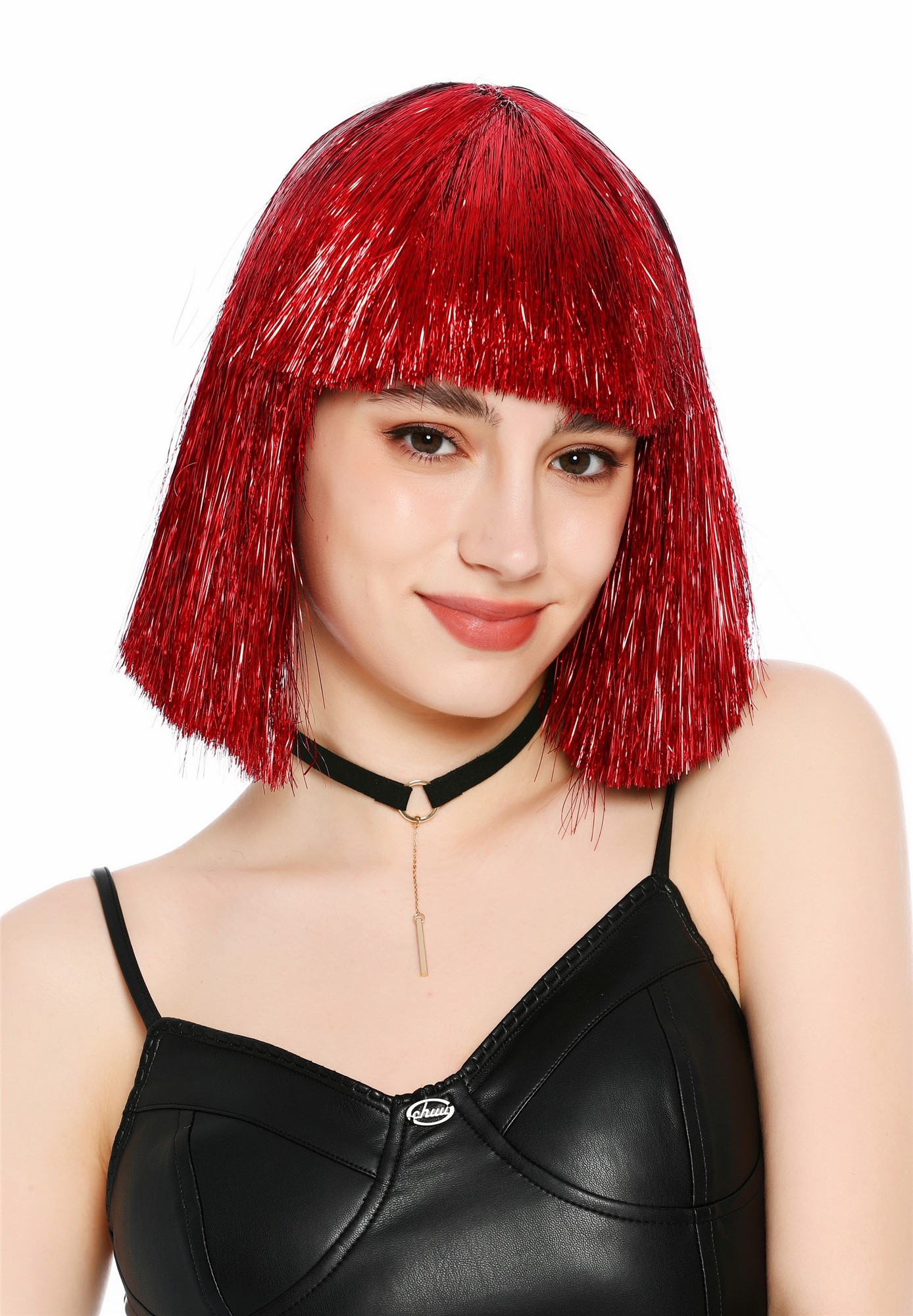 Perücke Damen Glitzer Lametta Tinsel Look Longbob Pony Disco Glam Rot VK-42-TN6