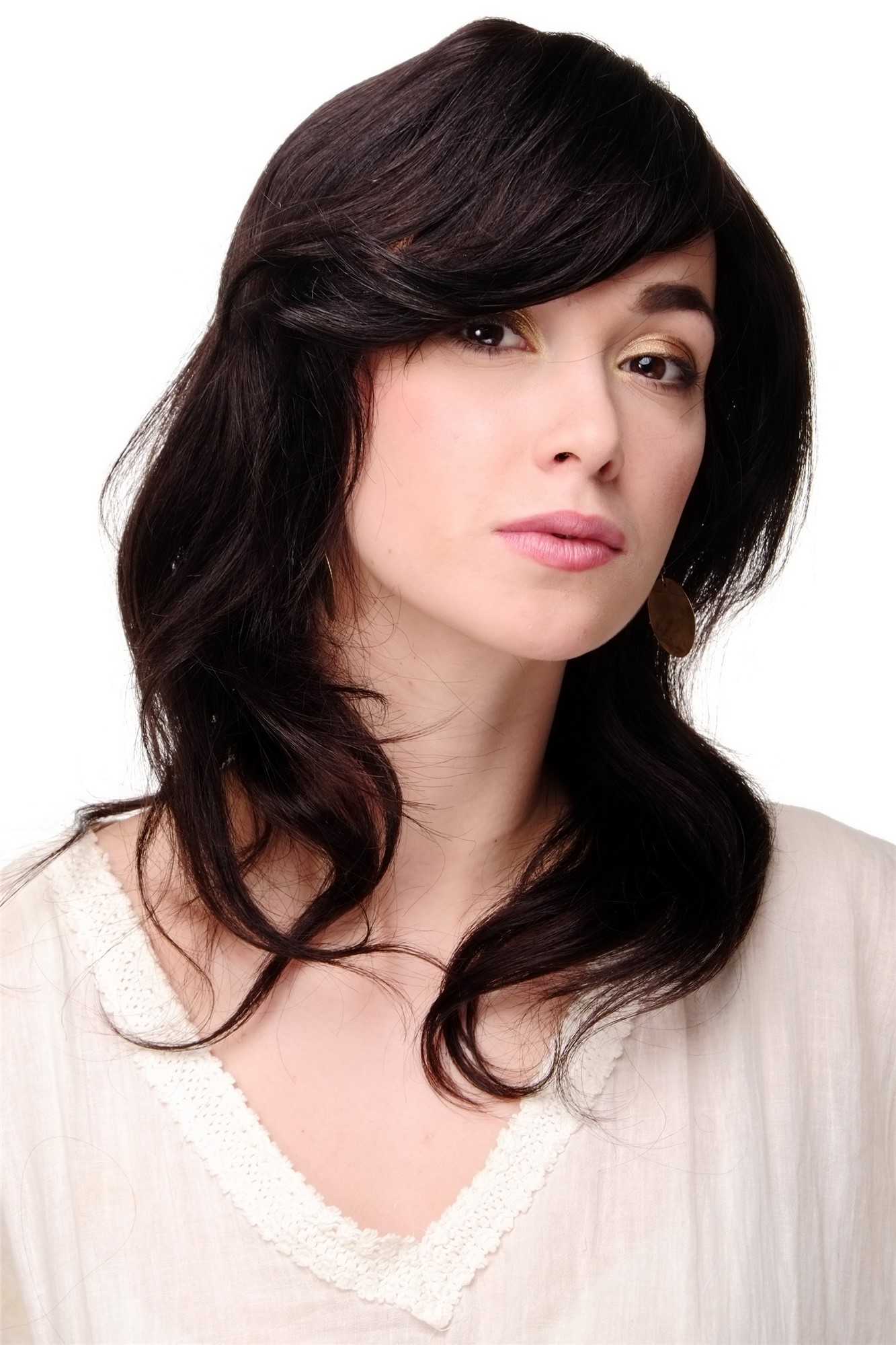 hochwertige Qualitätsperücken, Damenperücke Echthaar Schwarzbraun Lang Modell: 1625S-AHH, Vorderansicht, WIG ME UP: Ihr Perücken Online Shop wellige Tressen-Perücke mit Kopfhaut-Imitat 100% Echthaar Schwarz schulterlange Haare für Damen