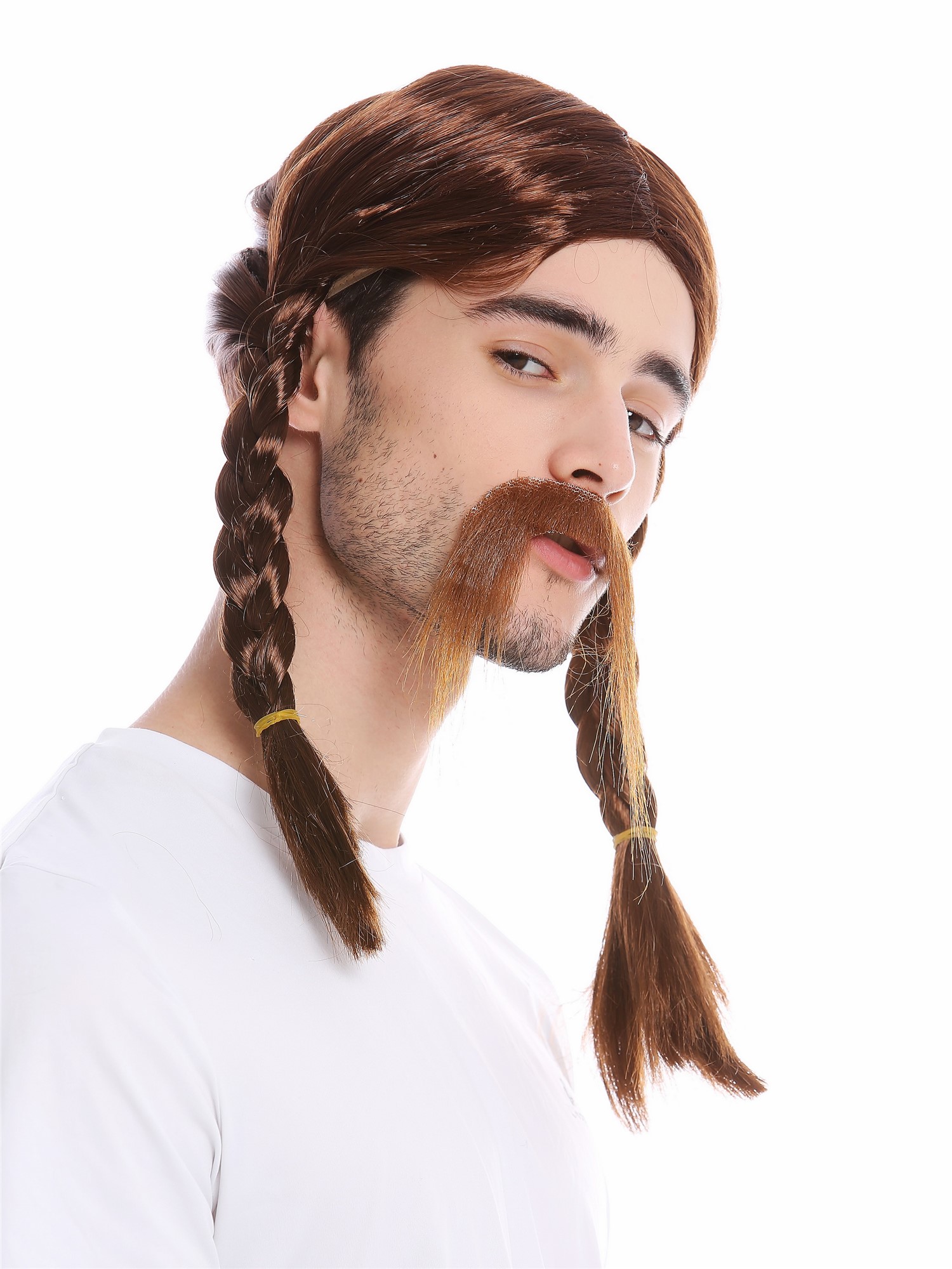 Man Party Wig & Mustache Set brown long braids braided plaited Gaul Viking 91099, view 3, WIG ME UP: Your Perücken Online Shop Party Wig, Men, Brown, Braided, long