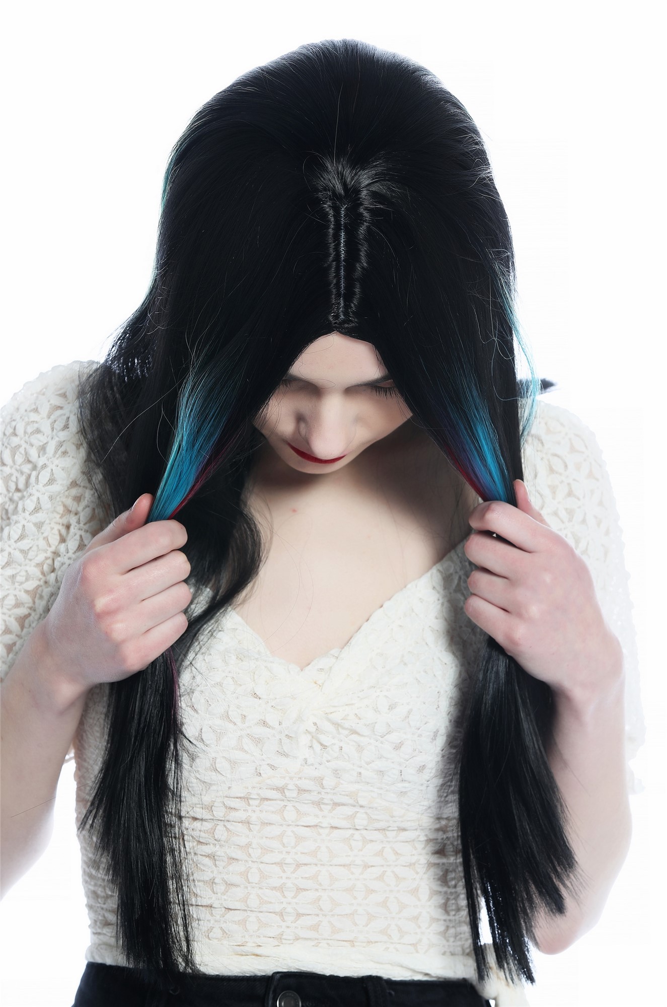 hochwertige Qualitätsperücken, Perücke lang glatt Mittelscheitel Schwarz bunte Strähnen DW3314A-YP1B/1137, Ansicht 5, WIG ME UP: Ihr Perücken Online Shop glatte Tressen-Perücke mit Kopfhaut-Imitat Schwarz mit regenbogenfarbenen Strähnen schulterlange Haare für Damen