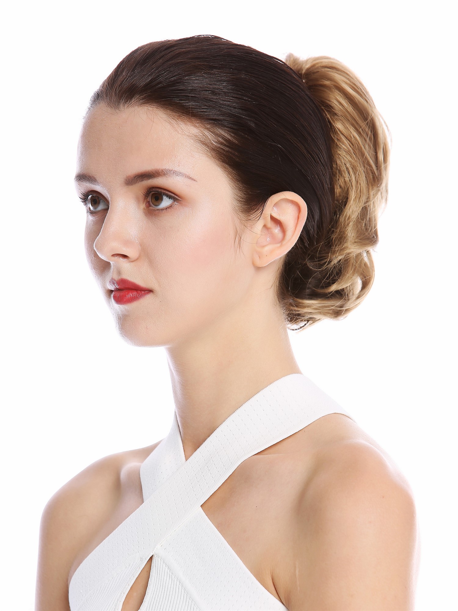 hochwertiger Zopf Pferdeschwanz kurz voluminös wellig Honigblond 1028-V-15, Ansicht 2, WIG ME UP: Ihr Perücken Online Shop glattes Zopf-Haarteil Honigblond 20 cm lang