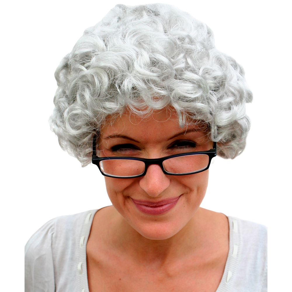Category image for Grandma and Grandpa Wigs Grey curly short hair wig on a friendly smiling grandma