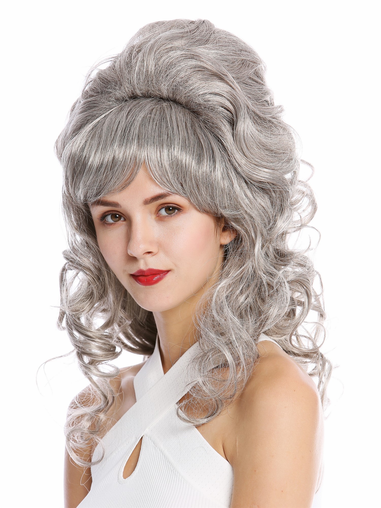 hochwertige Qualitätsperücken, Perücke 60er Retro Hochsteckfrisur Beehive Grau GFW2418-51, Vorderansicht, WIG ME UP: Ihr Perücken Online Shop lockige Tressen-Perücke Silbergrau mit geringem Schwarzanteil lange Haare für Damen