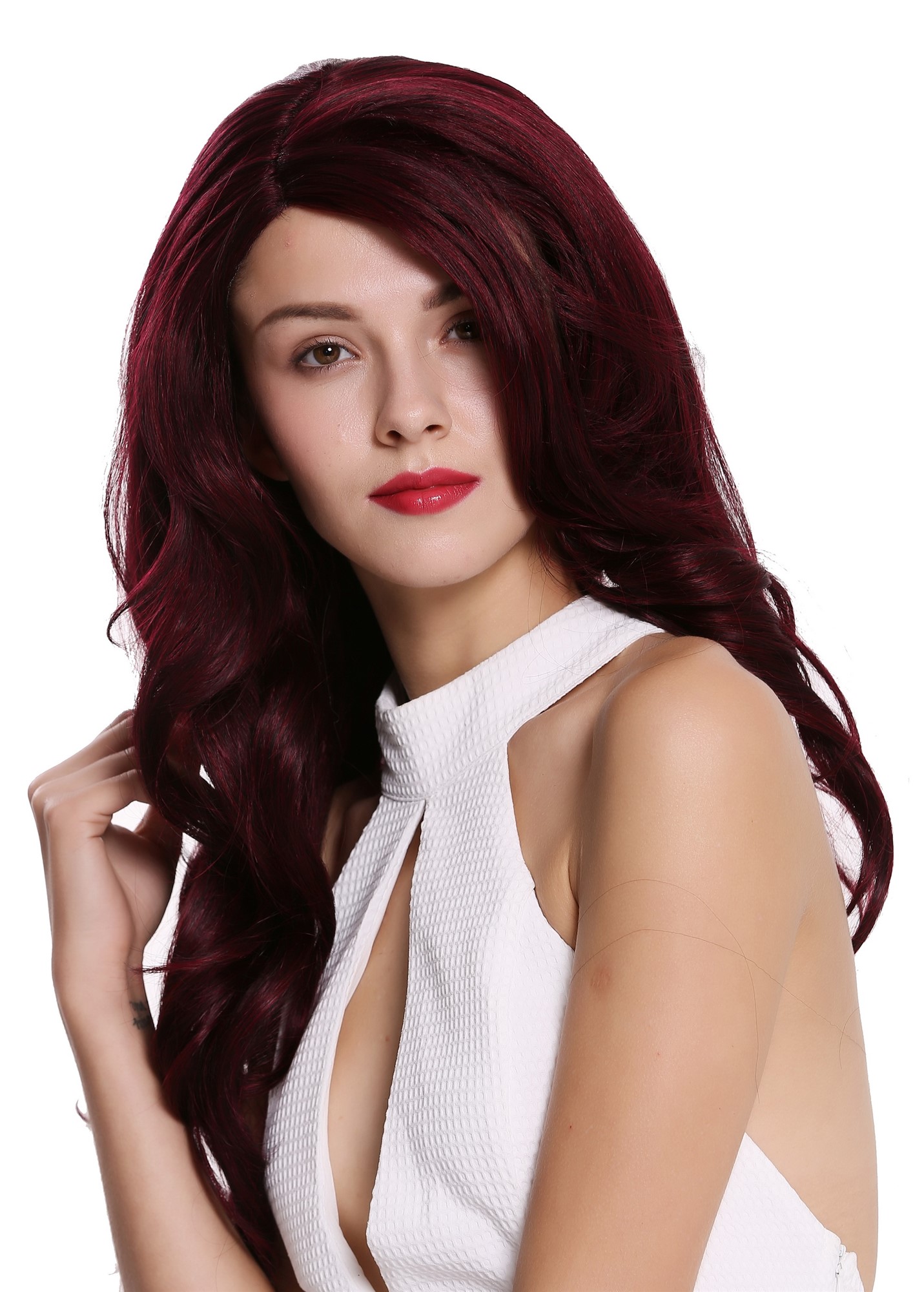 Lady wig long wavy parting lace front monofilament black strreaked red LO1703-MF, view 3, WIG ME UP: Your Perücken Online Shop Quality Wigs, Ladies, black-brown-garnet red mix, wavy, long